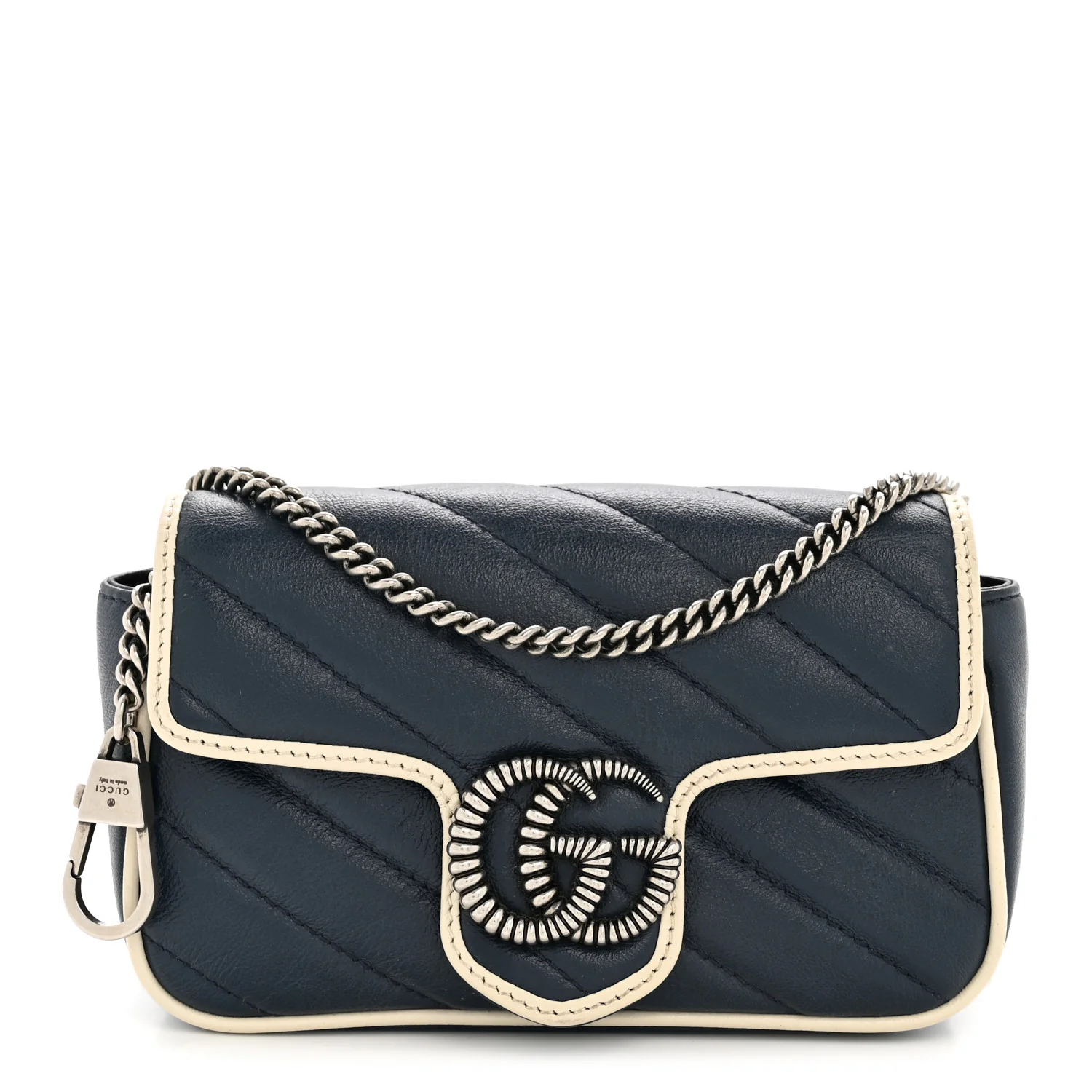 Vintage Effect Calfskin Matelasse Diagonal Super Mini Torchon GG Marmont Shoulder Bag Blue Agata Mystic White