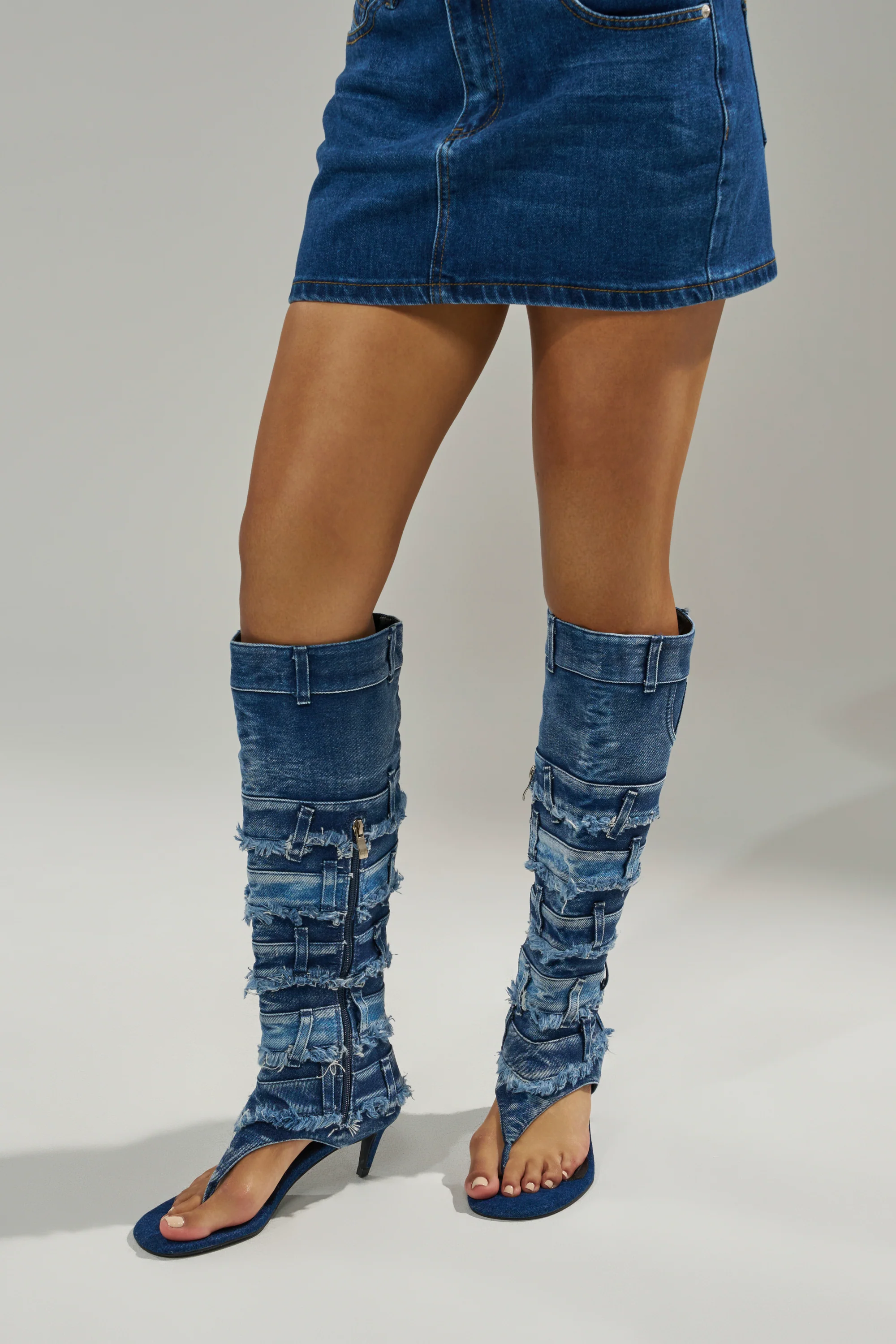 AKIRA GOLD MAHONEY DENIM PANT DETAIL GLADIATOR STILETTO - Akira Store