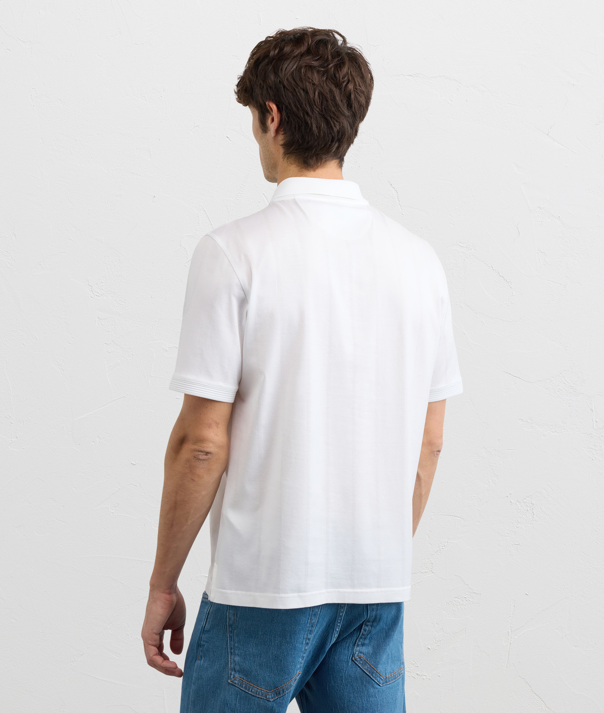 WHITE COTTON JERSEY POLO SHIRT WITH ZIP AND OTTOMAN COLLAR AND SLEEVES