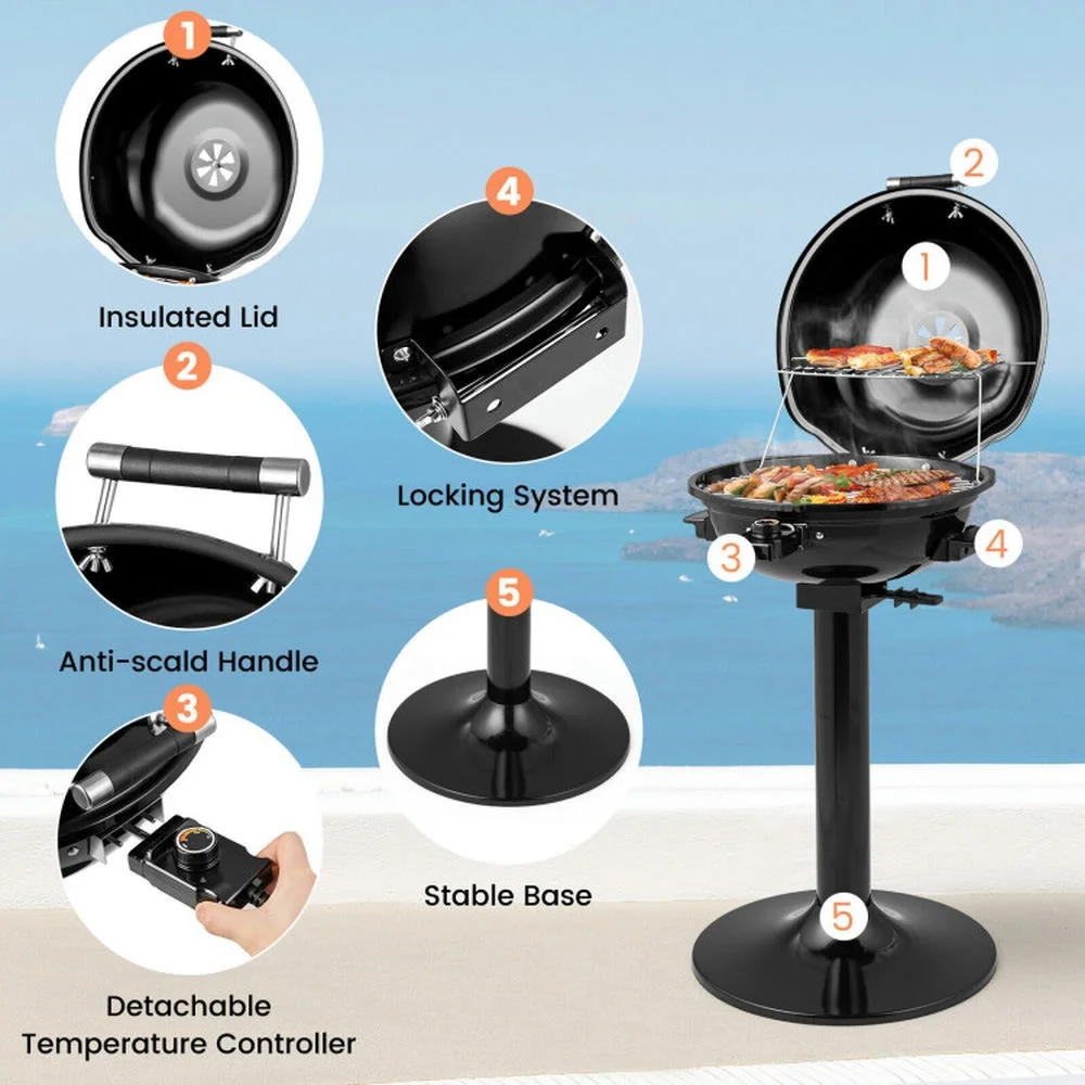 1600W Electric BBQ Grill with Removable Non-Stick Warming Rack, Cooking Space for Backyard, Patio and Parties(Black) - Image 8