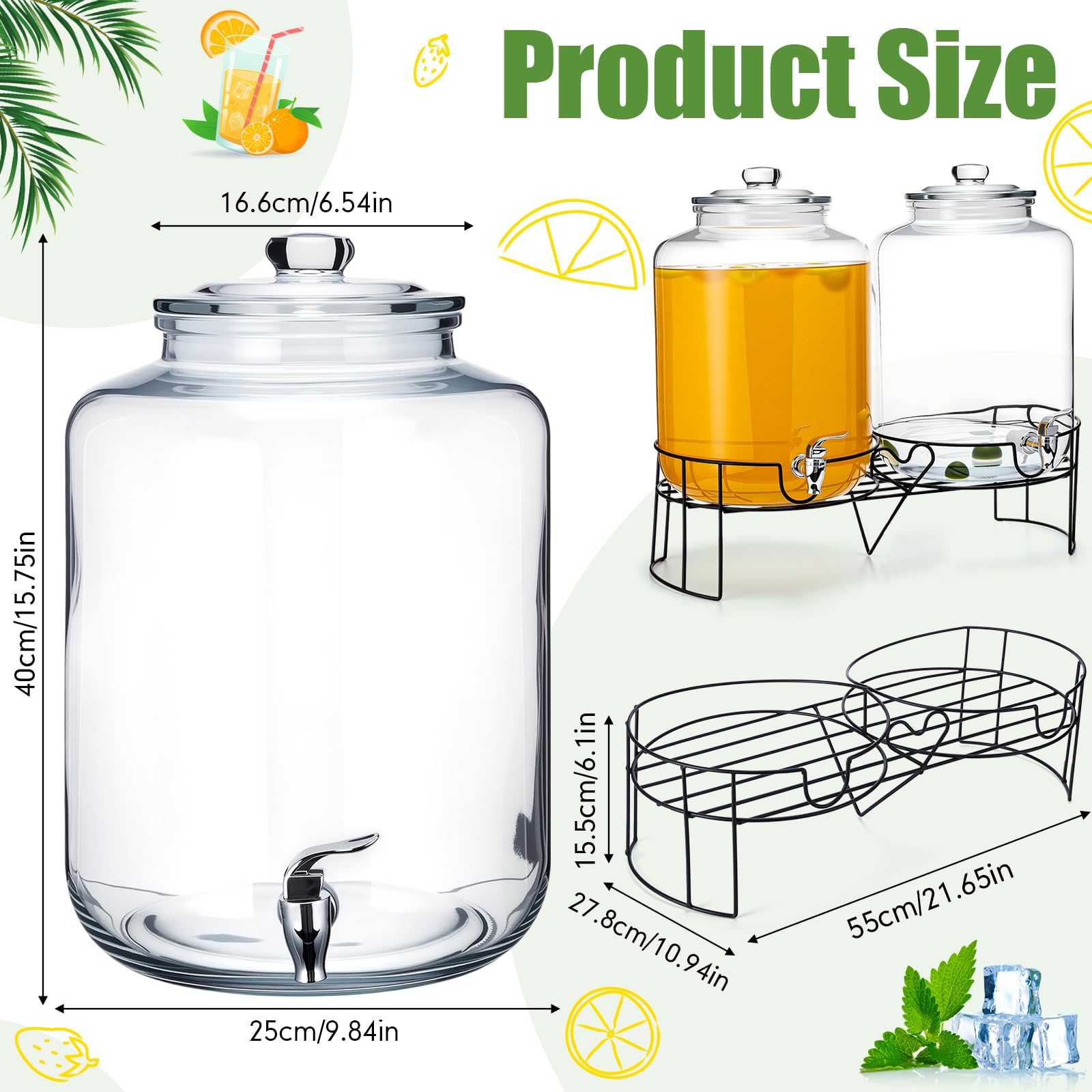 2 Pack 4 Gallon Glass Drink Dispenser for Parties Large Glass Beverage Dispenser with Stand and Spigot Leakproof Water Storage Lemonade Juice Jar Mason with Lids for Wedding Parties Kitchen