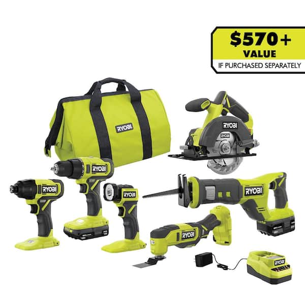 ONE+ 18V Cordless 6 Tool Combo Kit with 1 5 Ah Battery, 4 0 Ah Battery, and Charger