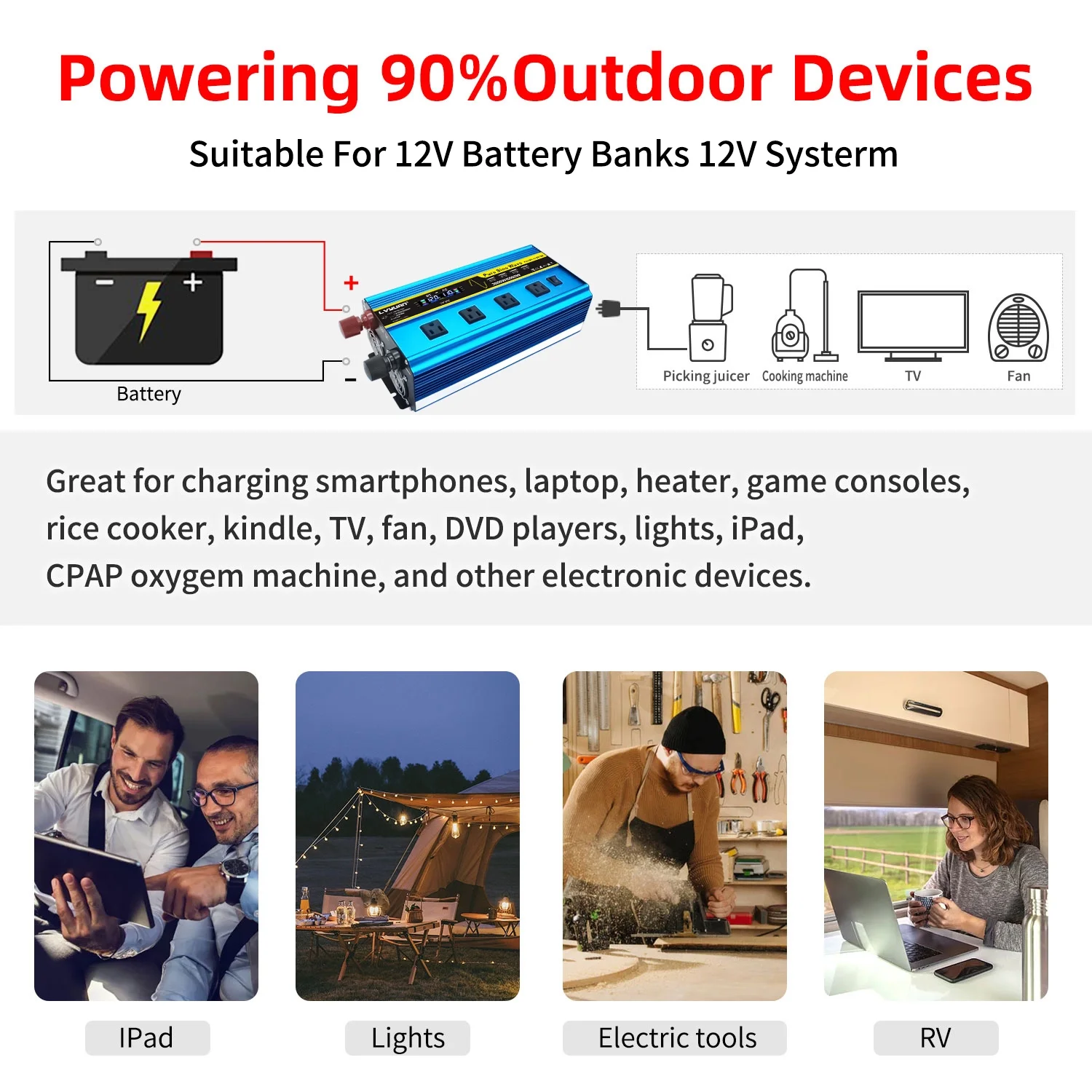 LVYUAN 3000watts Pure Sine Wave Power Inverter DC 12V to AC 110V 120V Converter 4USB 4AC LCD Display with Remote Control