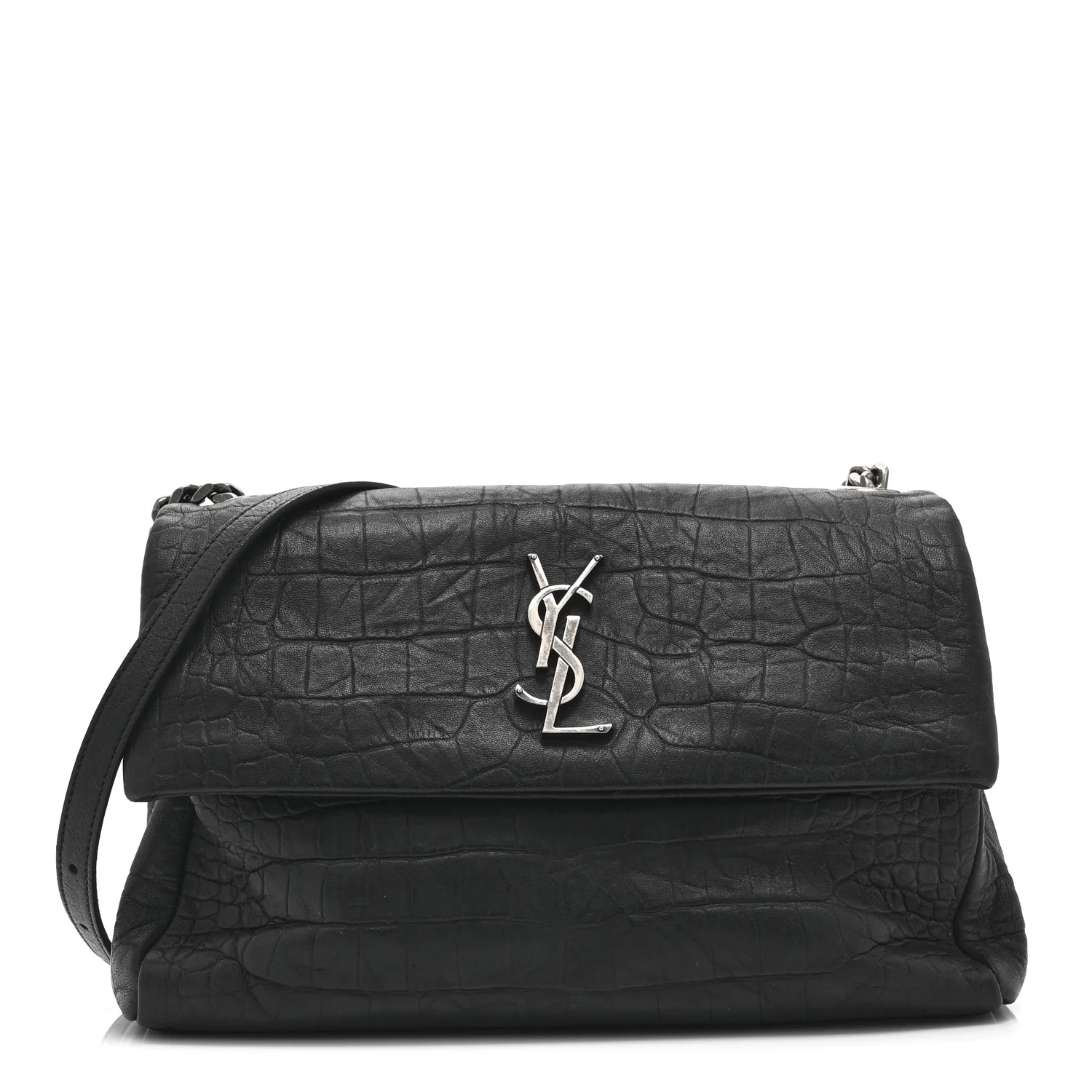 Calfskin Crocodile Embossed Medium West Hollywood Monogram Fold-Over Black