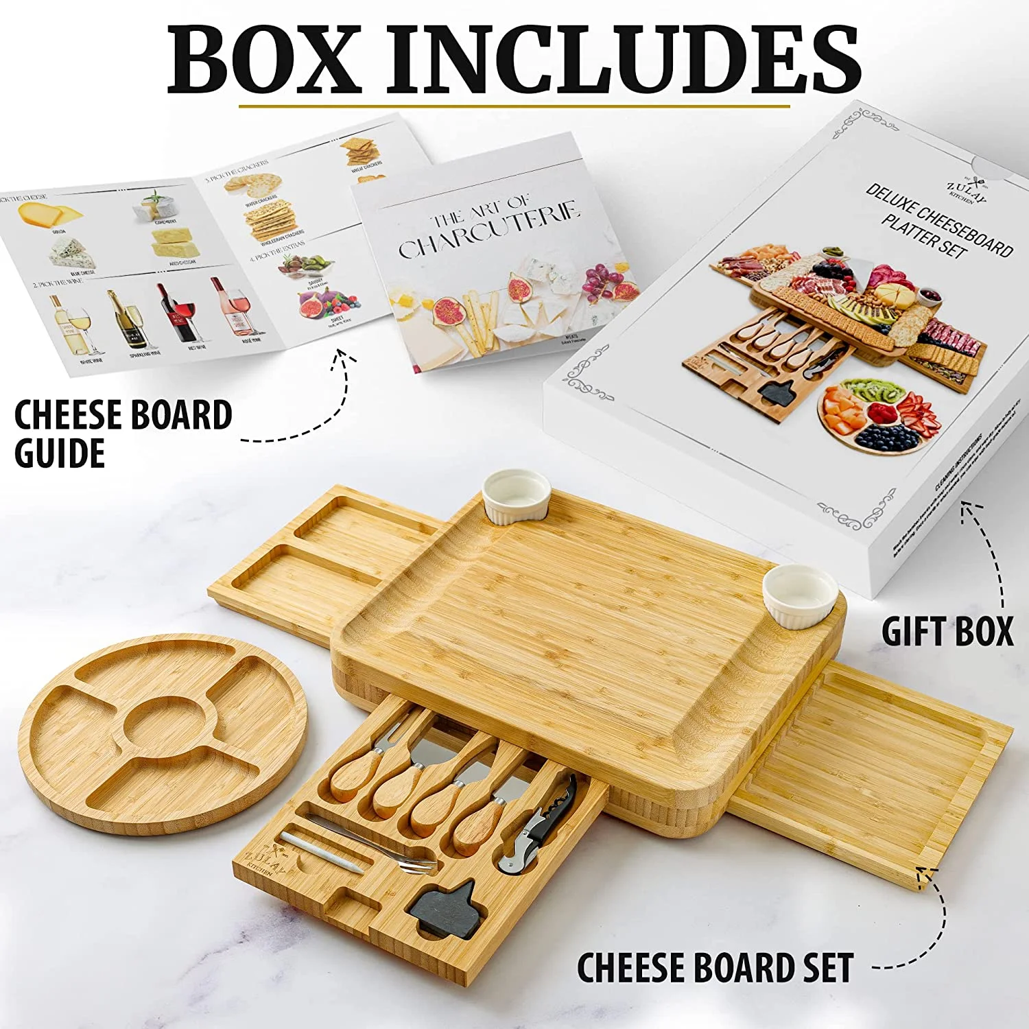 Bamboo Cheese Board Set Extra Thick Charcuterie Board 15 Piece Deluxe Set(Deluxe Set) - Image 2