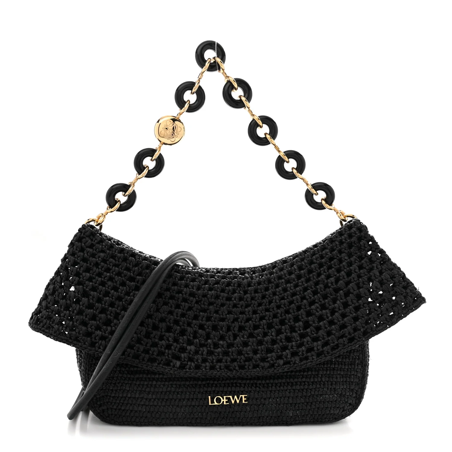 Raffia Donut Chain Medium Ola Shoulder Bag Black