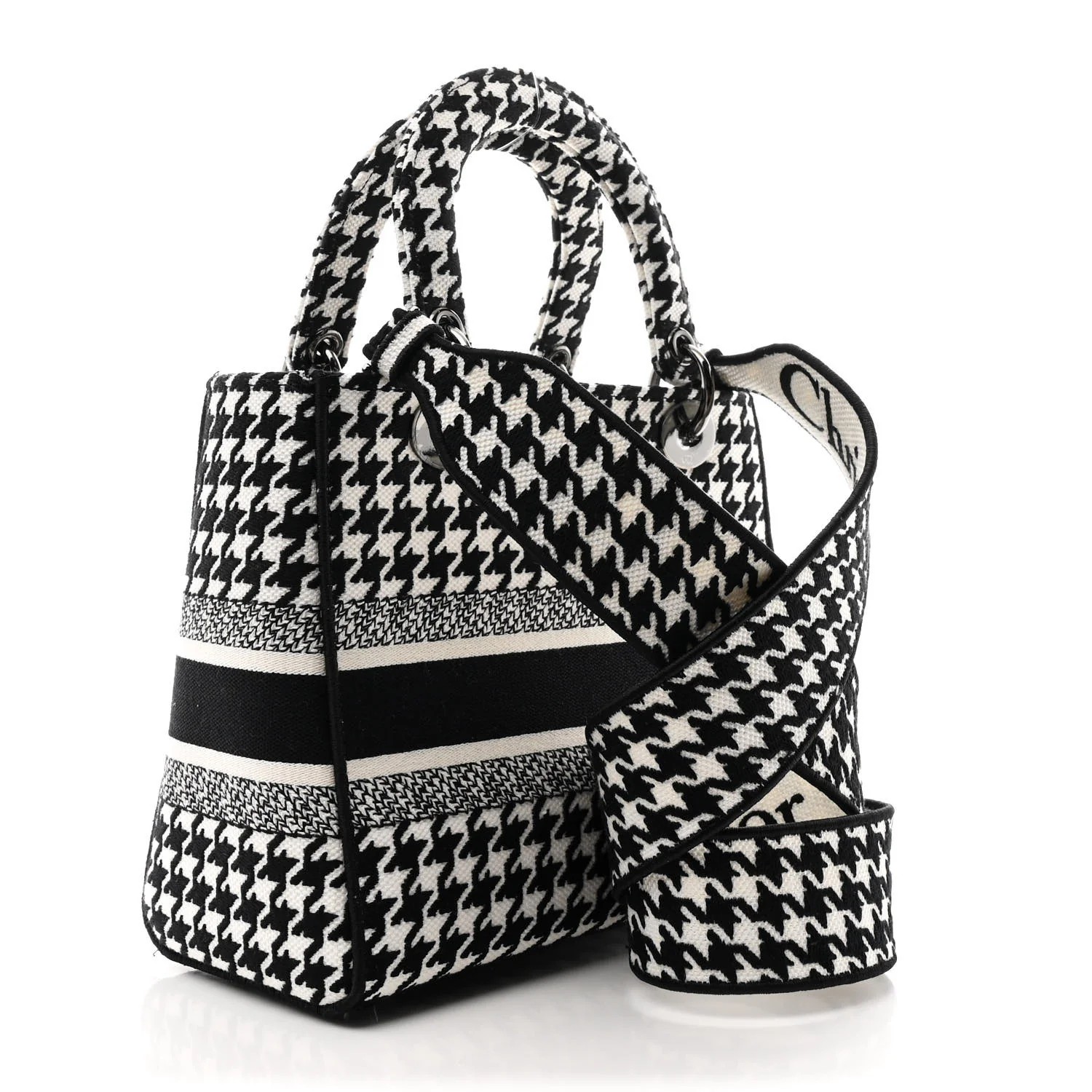 Canvas Houndstooth Embroidered Medium Lady D-Lite Black White