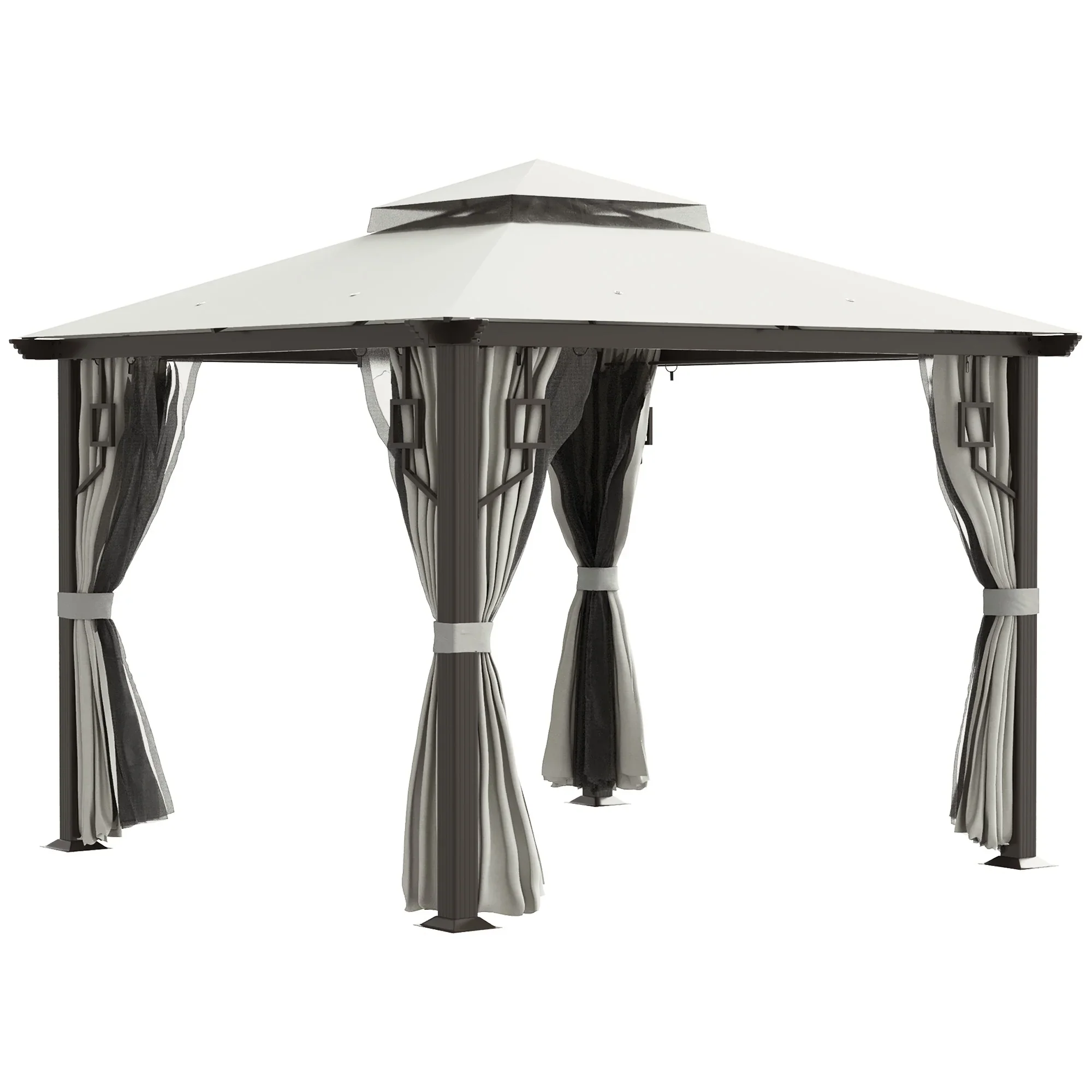 Outsunny 10' x 10' Patio Gazebo Outdoor Canopy Shelter with Aluminum Frame, Double Tier Roof, Netting and Curtains for Garden, Lawn, Cream White