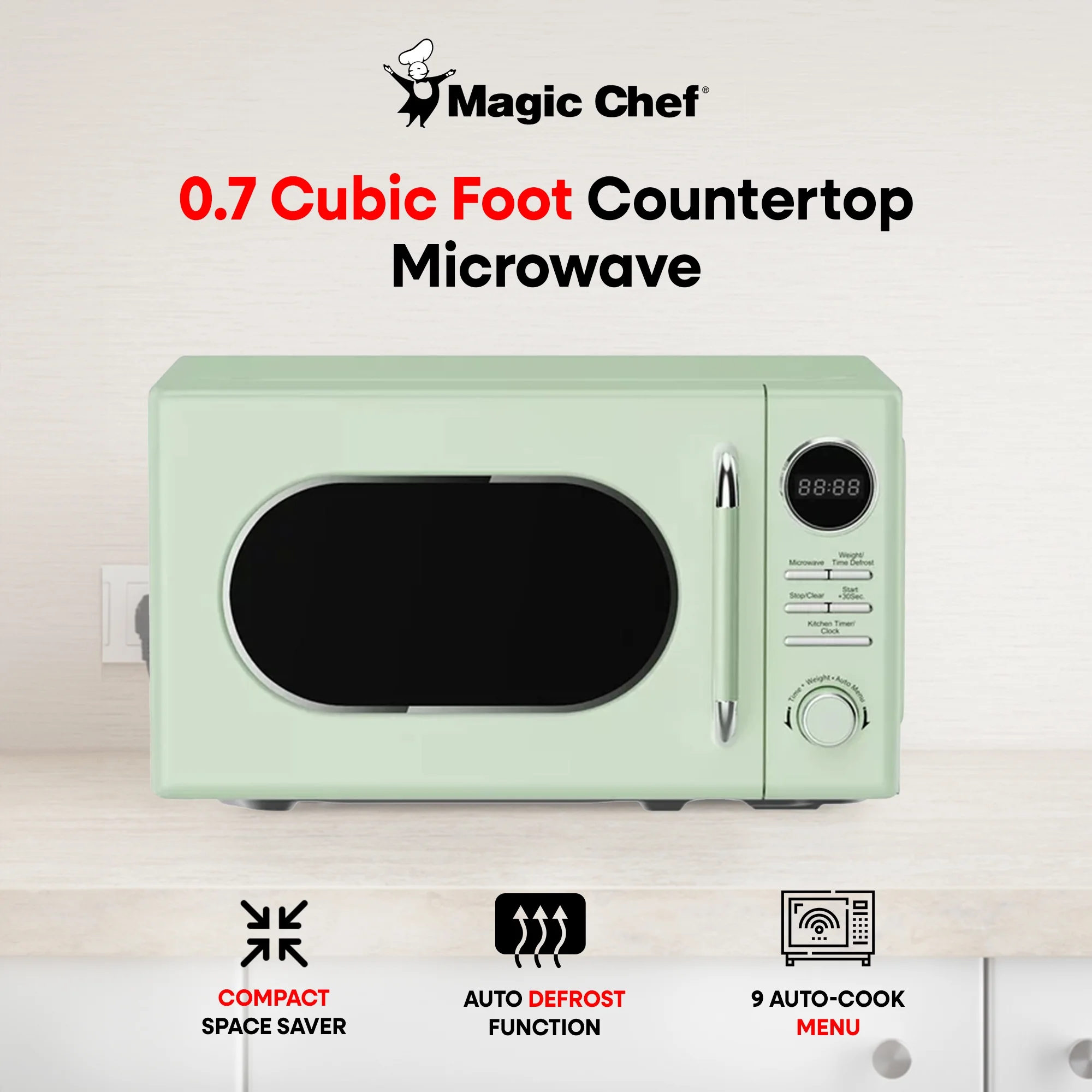 0.7 Cubic Feet 700W Classic Retro Countertop Microwave, Green - Image 2