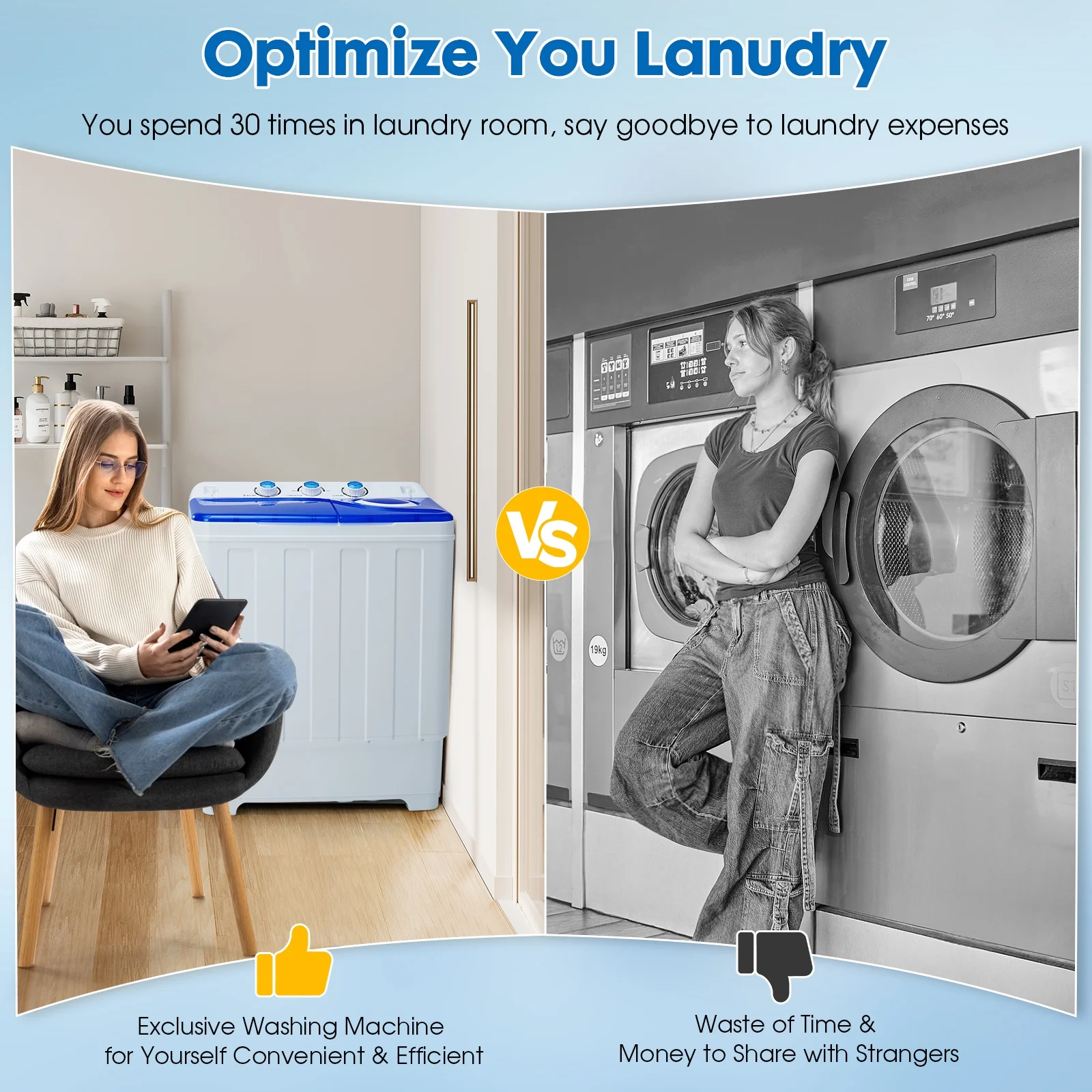 Artbros 28 lb Portable Twin Tub Washing Machine with Drain Pump, Compact Laundry Washer for Apartments, Dorms, Blue