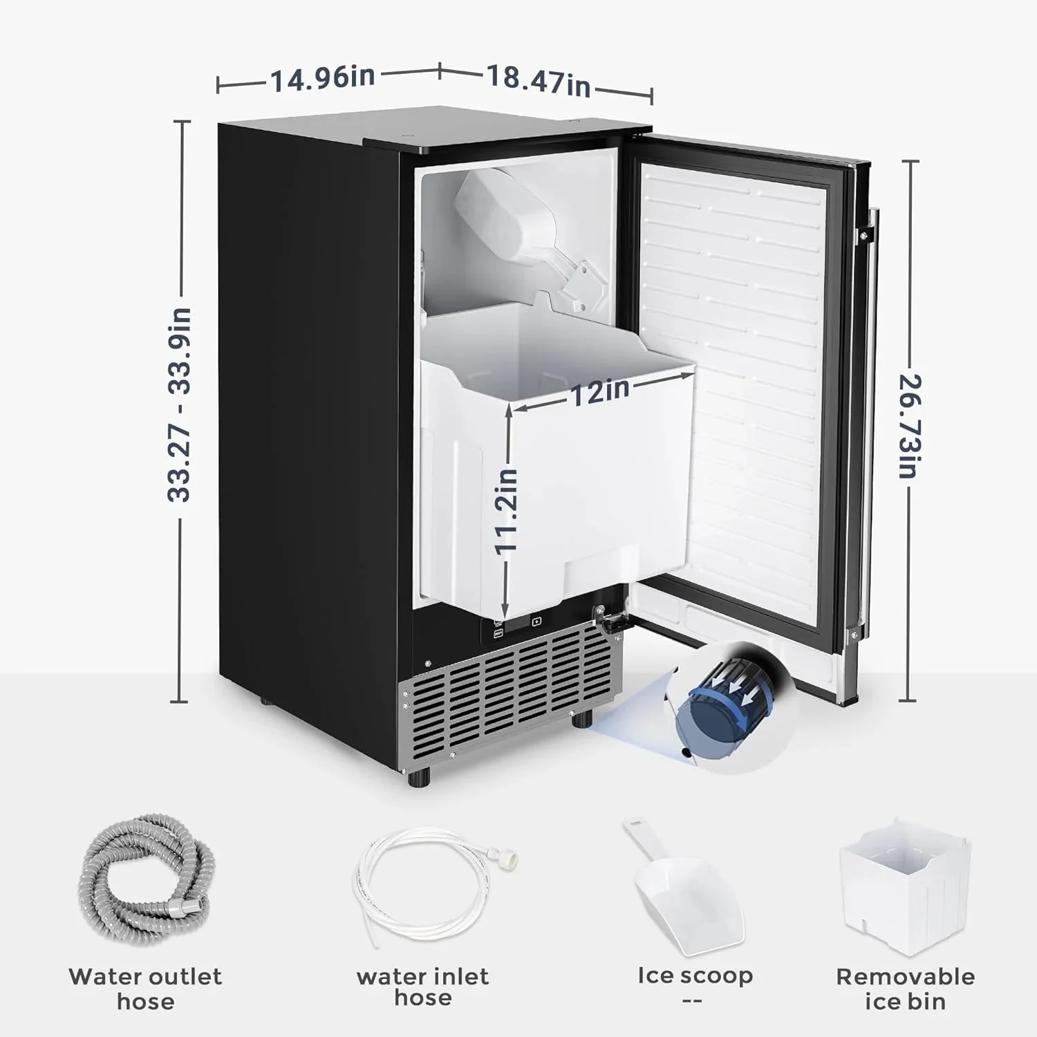Commercial Under Counter Ice Maker Machine 80LBS Day with 24LBS Ice Storage Built in Drain Pump Automatic Cleaning Timing Setting Smart Lcd
