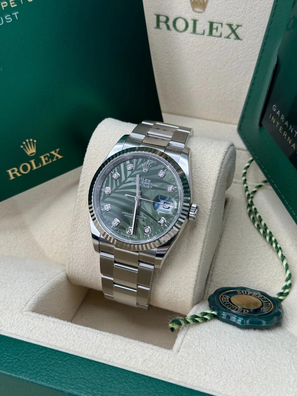 [Super Clone]RLX  Datejust 36mm 126234-0056 DISCONTINUED Green Palm Diamond Motif Dial Oyster