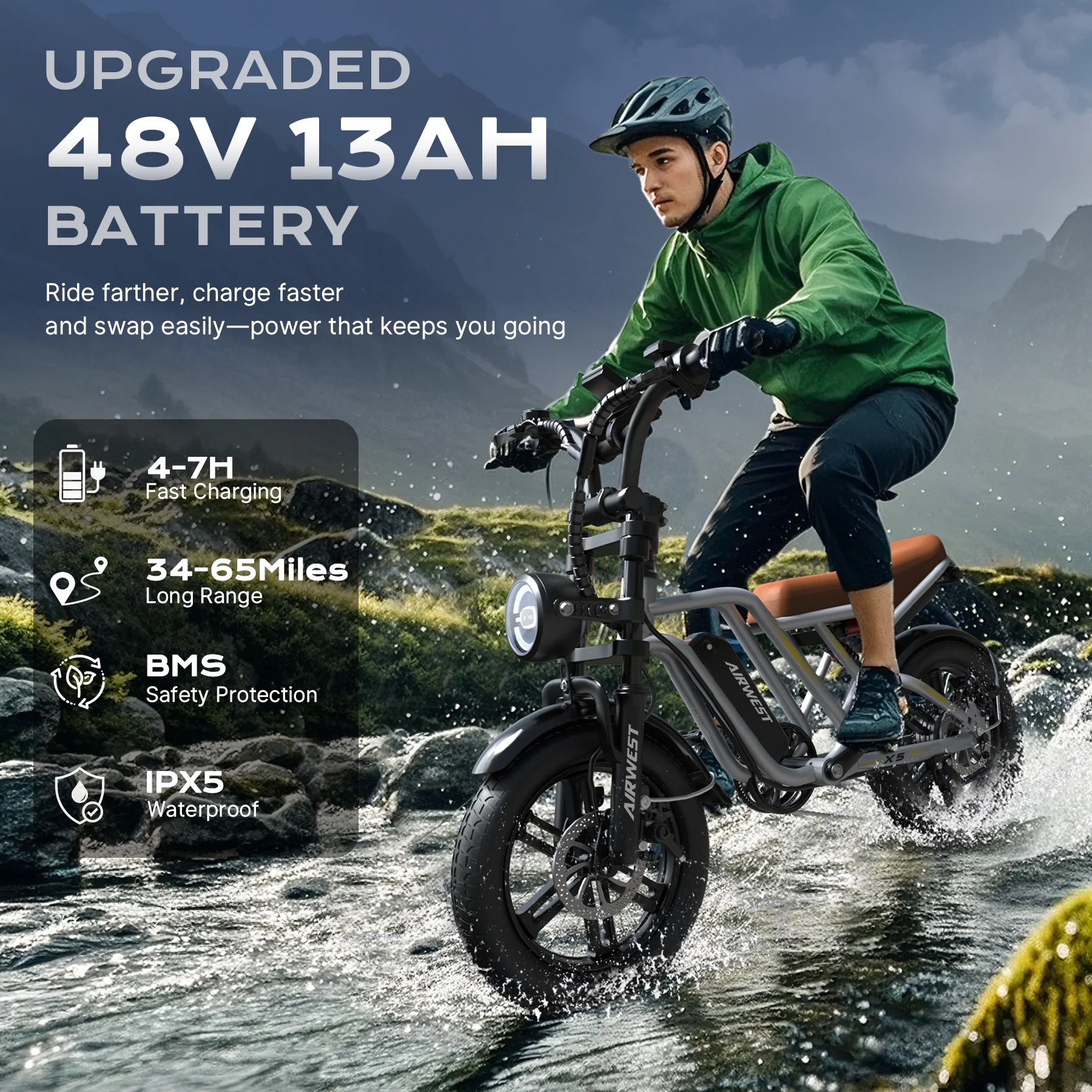 Peak 1000W Electric Bike for Adults Reaches 25MPH, 65 Miles Long Range, 48V 13Ah Battery, Full Suspension, 7-Speed, 20" Fat Tire Electric Motorcycle Dirt Bike, UL2849(Silver) - Image 7