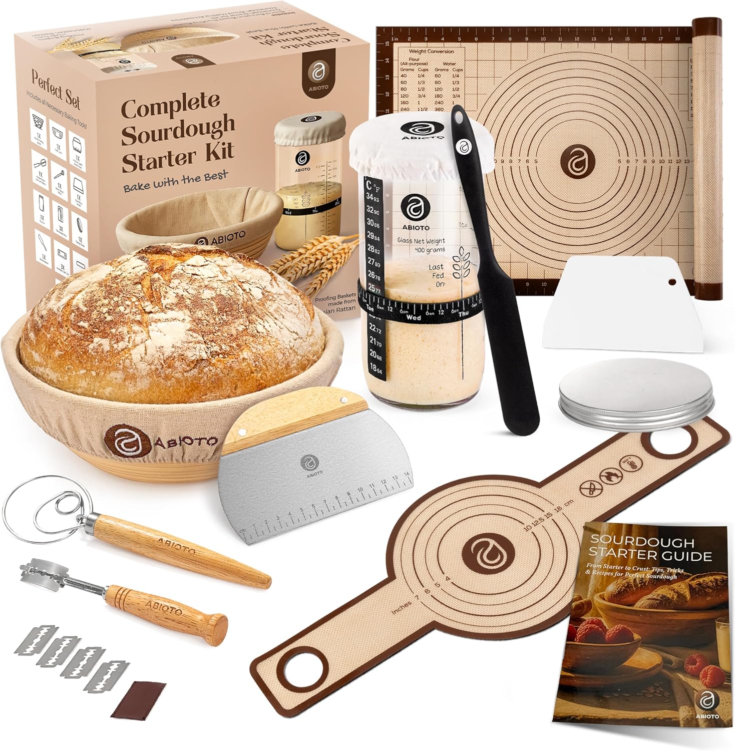 ABIOTO Banneton Baskets with Sourdough Bread Baking Supplies - 17-Piece Kit