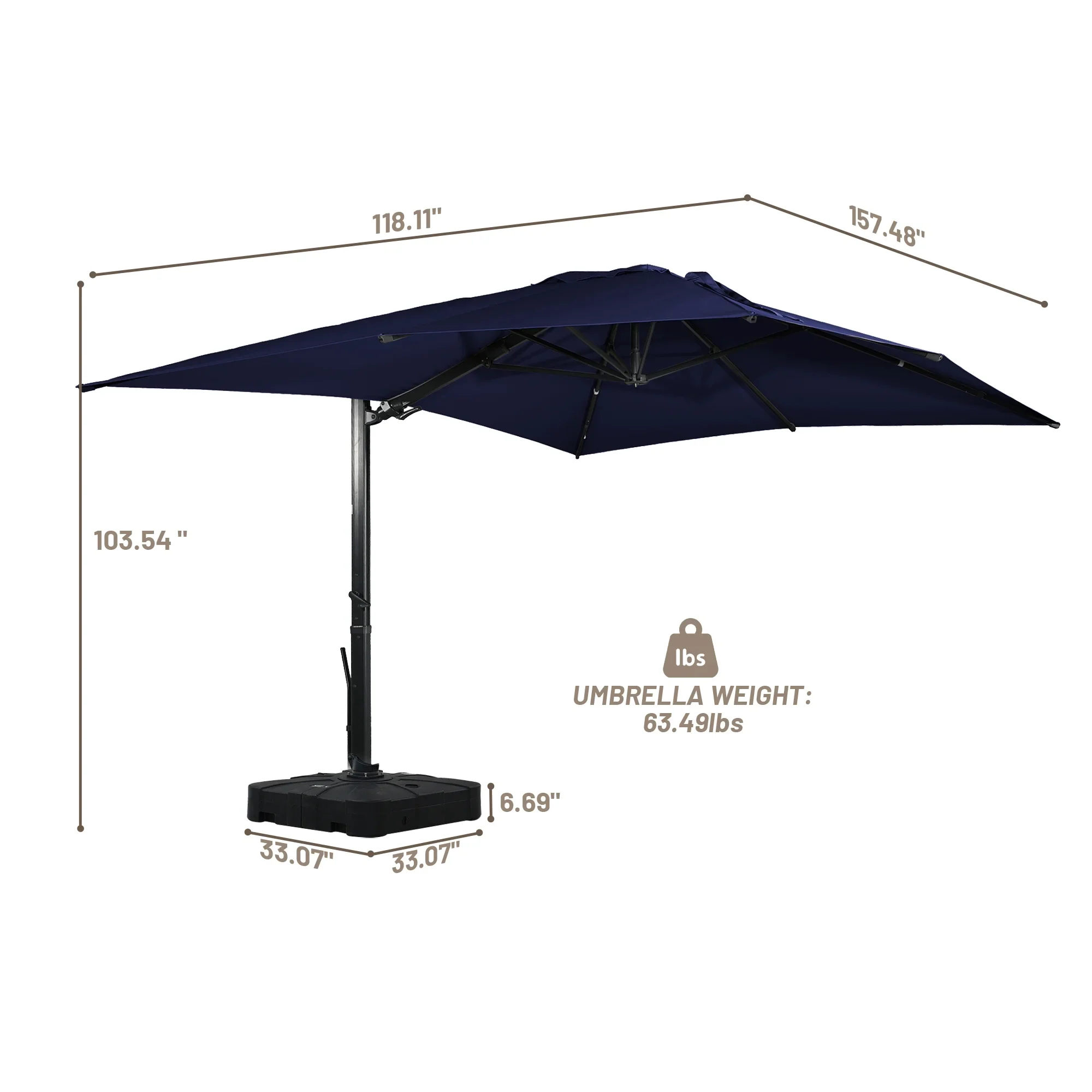Boyel Living 10 x 13 FT Cantilever Patio Umbrella, Outdoor Rectangle Offset Umbrella with 360°Rotation, Heavy Duty Patio Hanging Umbrella with Base for Garden Pool Backyard, Navy Blue
