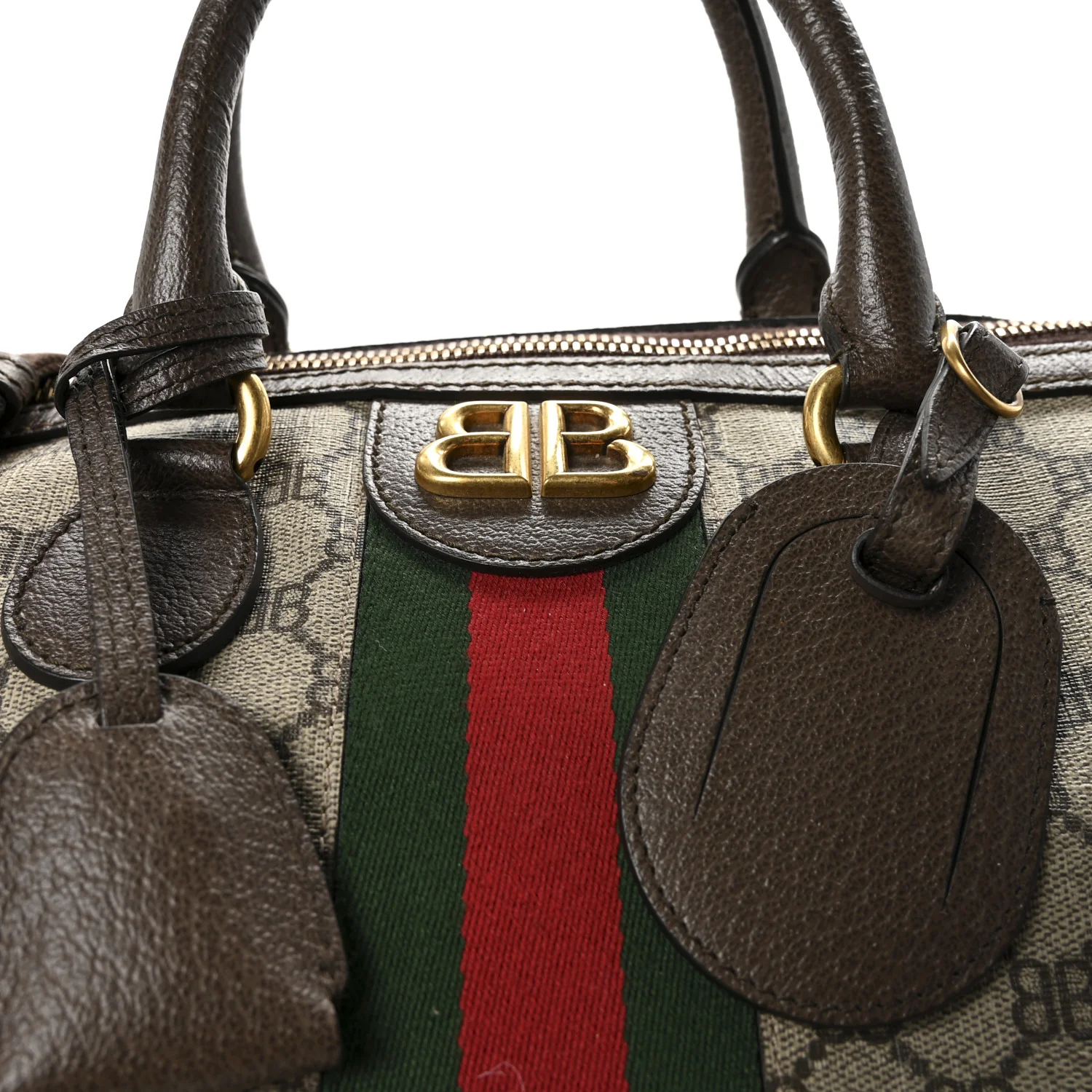 X BALENCIAGA BB Supreme Monogram Web Medium Ophidia Carry-On Duffle Bag Beige New Acero