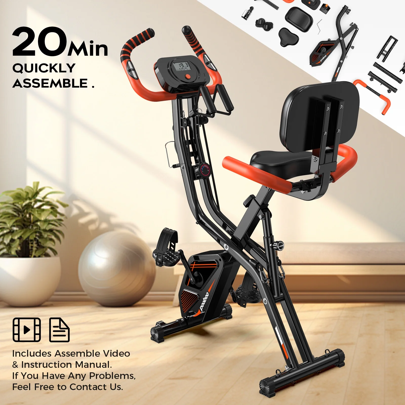 4-in-1 Exercise Bike, Foldable Stationary Bike, Tri-Position Indoor Cycling Bike with 8-Level Resistance, Arm Resistance Bands, Pulse Sensor Back Support Cushion for Home Gym Workout - Image 6