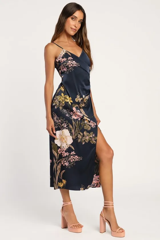 Remarkable Entrance Navy Blue Floral Print Satin Midi Dress