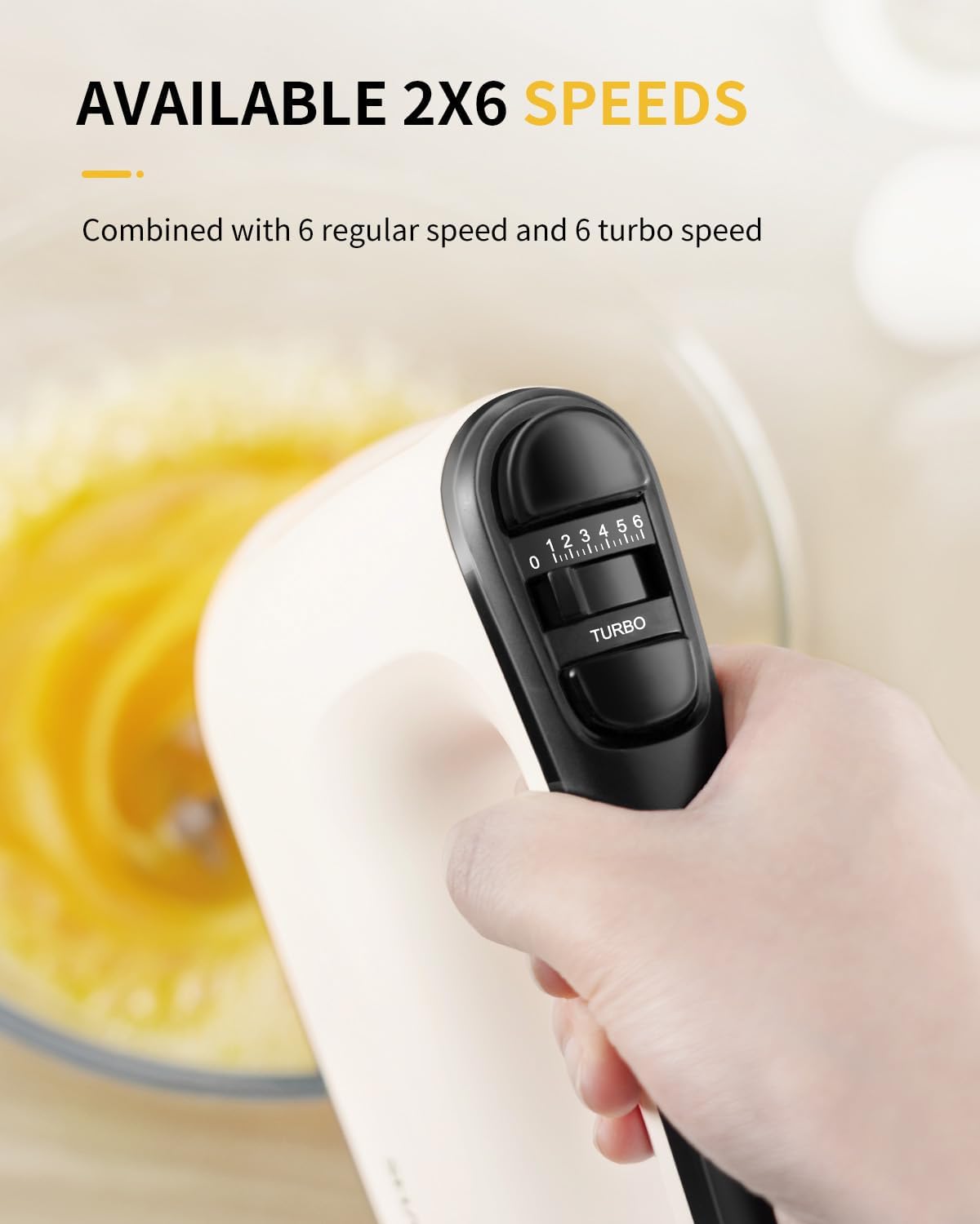 SHARDOR Hand Mixer Electric, 6 Speed & Turbo Mixer Electric Handheld, Snap-On Storage Case, 5 Stainless Steel Accessories for Whipping, Mixing Cookies, Brownies, Cakes, Dough Batters, White
