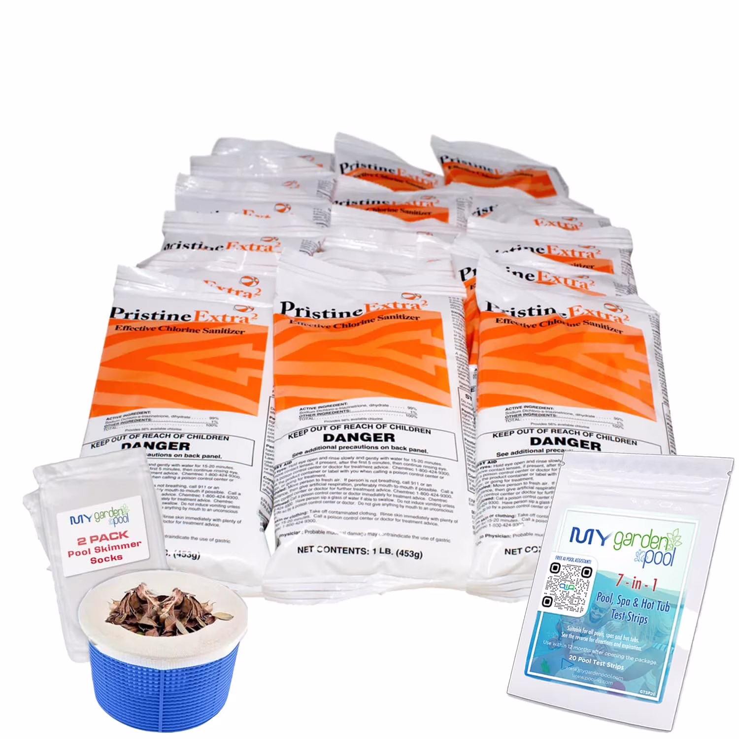 PristineExtra 24 lb Powerful Oxidizing Granules for Pools & Spas Multi Purpose Non Chlorine Shock for Clear Fresh Water Includes My Garden Pool 2 Scum Socks 7 in 1 Test Strip & Pool IQ Assistant