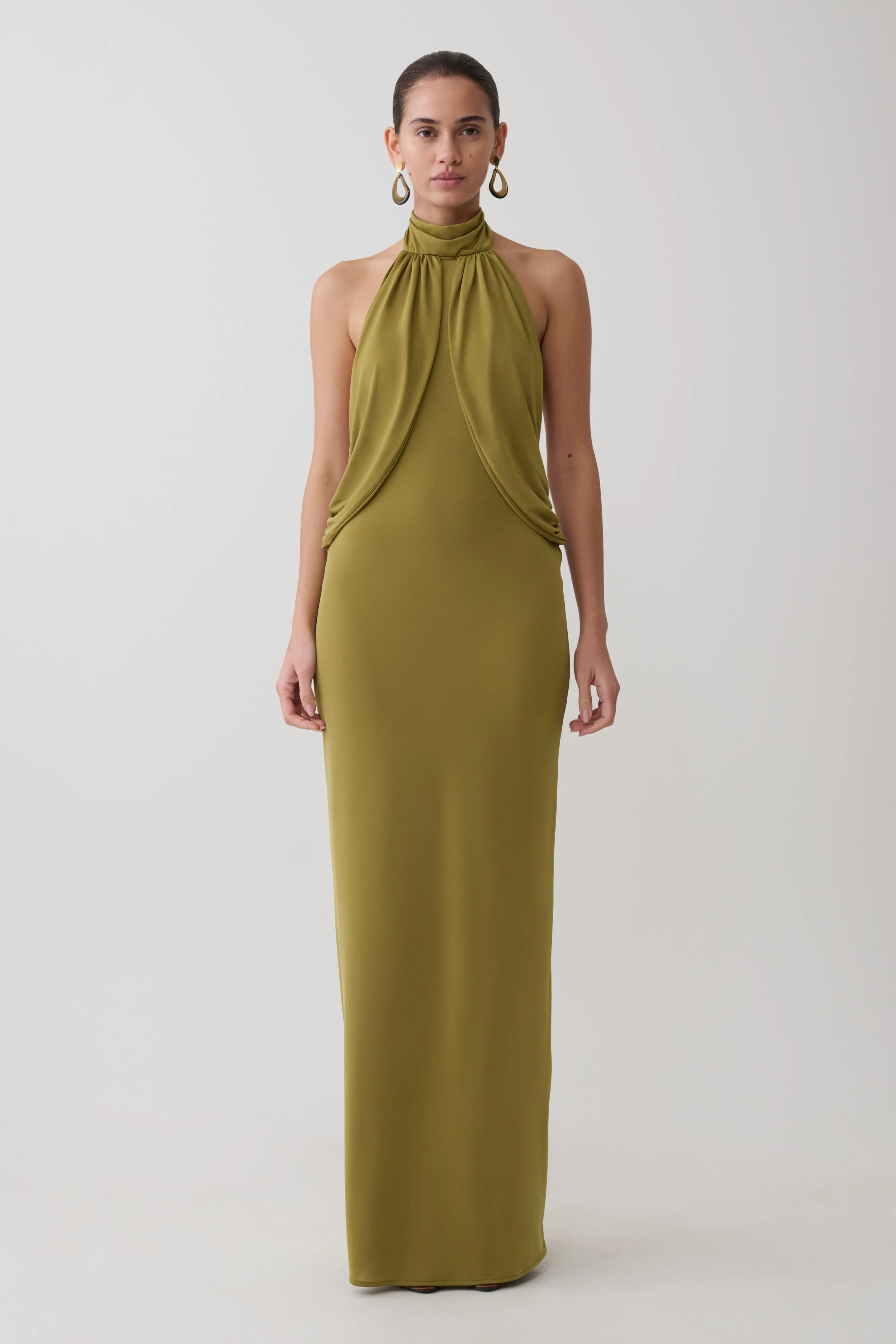 Joan Halter Neck Slinky Maxi Dress - Martini Olive