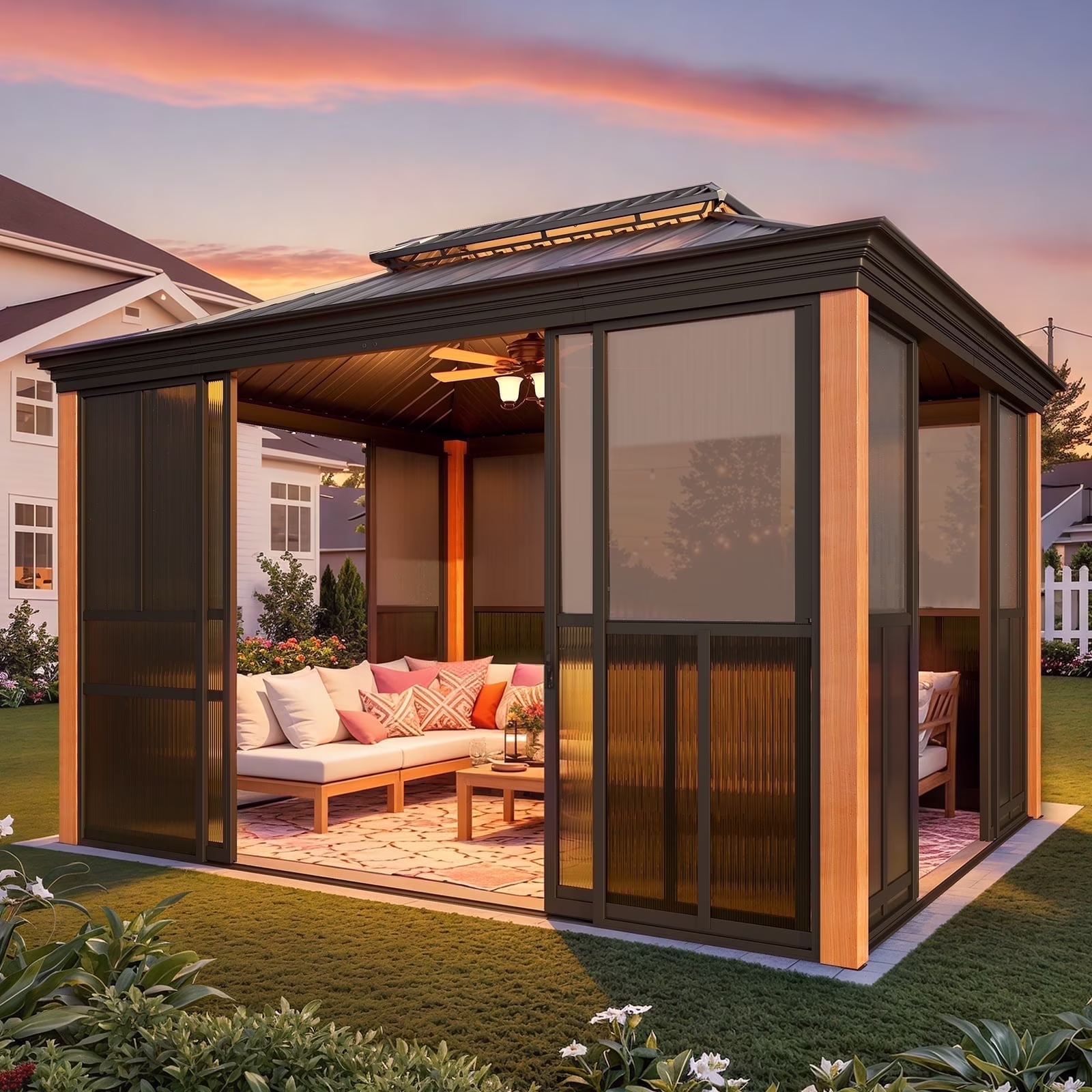 EROMMY 10'X 12' Sunroom, with Front Door, Side Entrance, Galvanized Steel Double Top, Wood Grain Appearance, Aluminum Alloy Frame, Solarium Backyard Sun Room