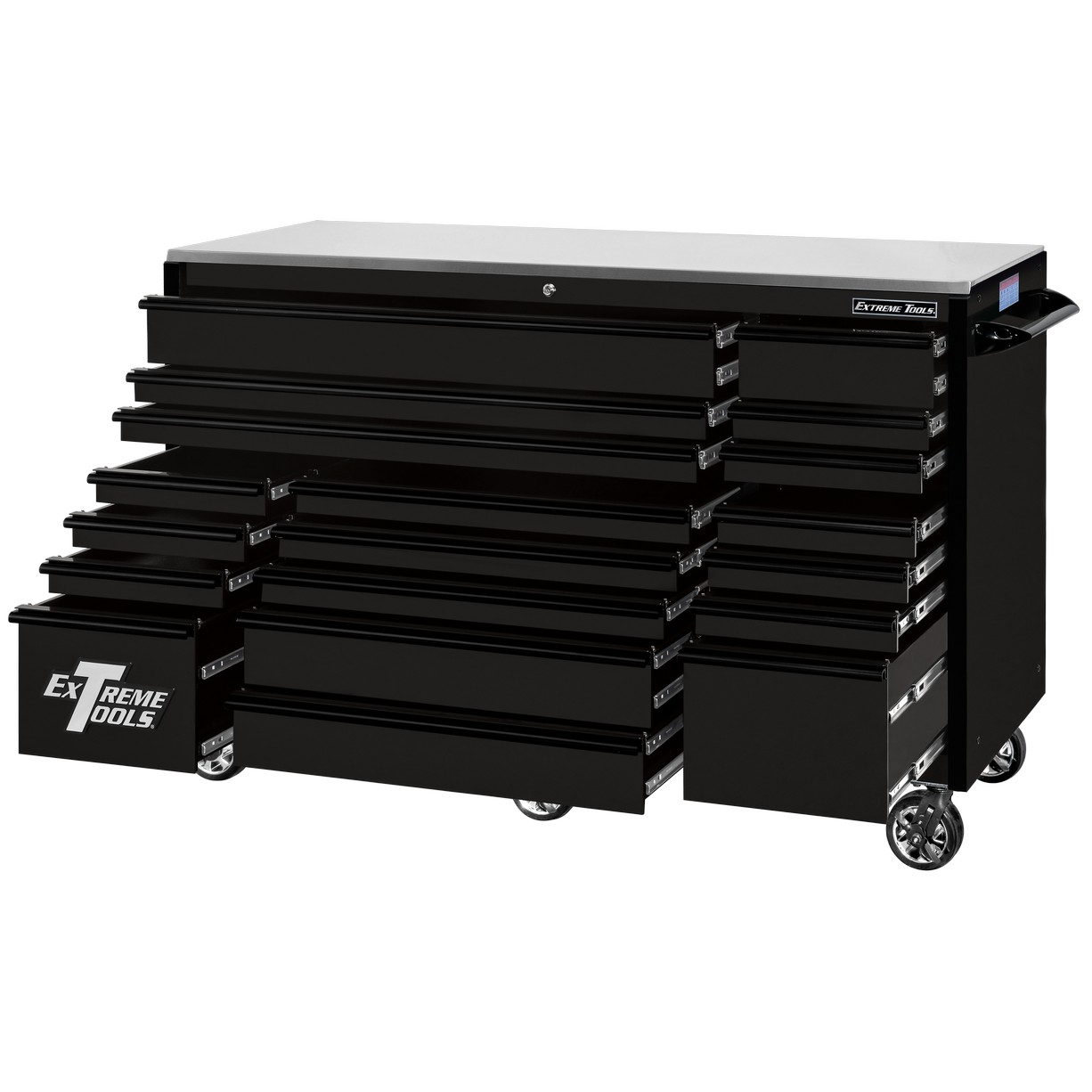 Servante d'atelier à roulettes Extreme Tools 72″ x 30″, 19 tiroirs avec glissières de 113 kg (250 lb), série RX 250