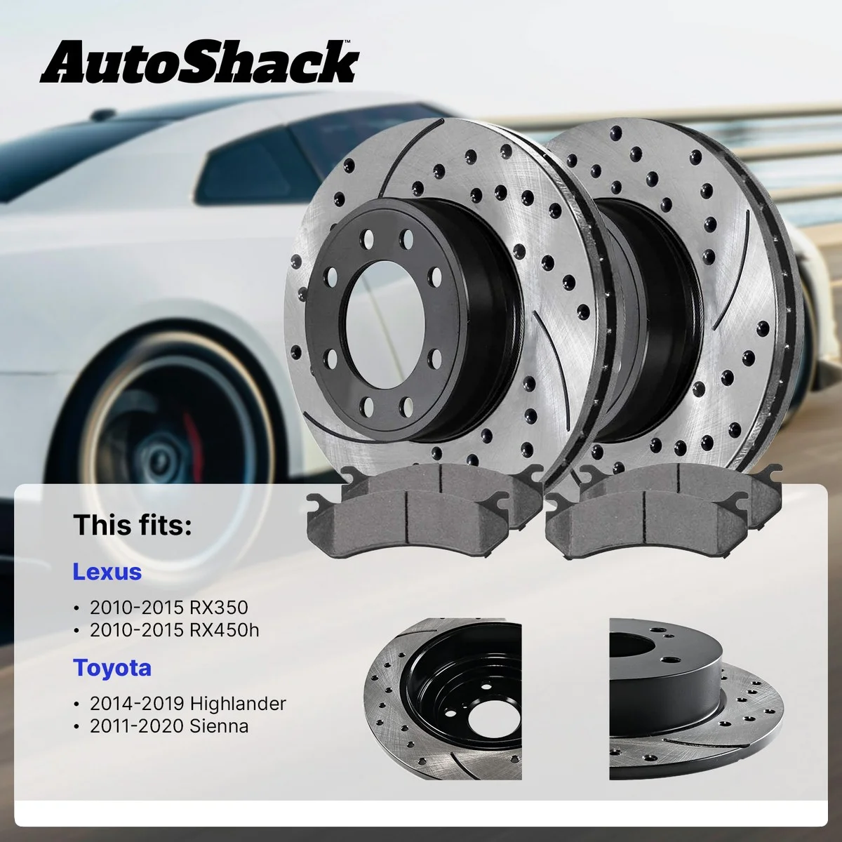 Front Rear Drilled Slotted Brake Rotors Ceramic Brake Pads | Replacement for Lexus RX350 RX450h Toyota Sienna 2014-2019 Highlander V6 FWD | E-Coated | 12-PC Brake Kit | ShadowGuard - Image 2