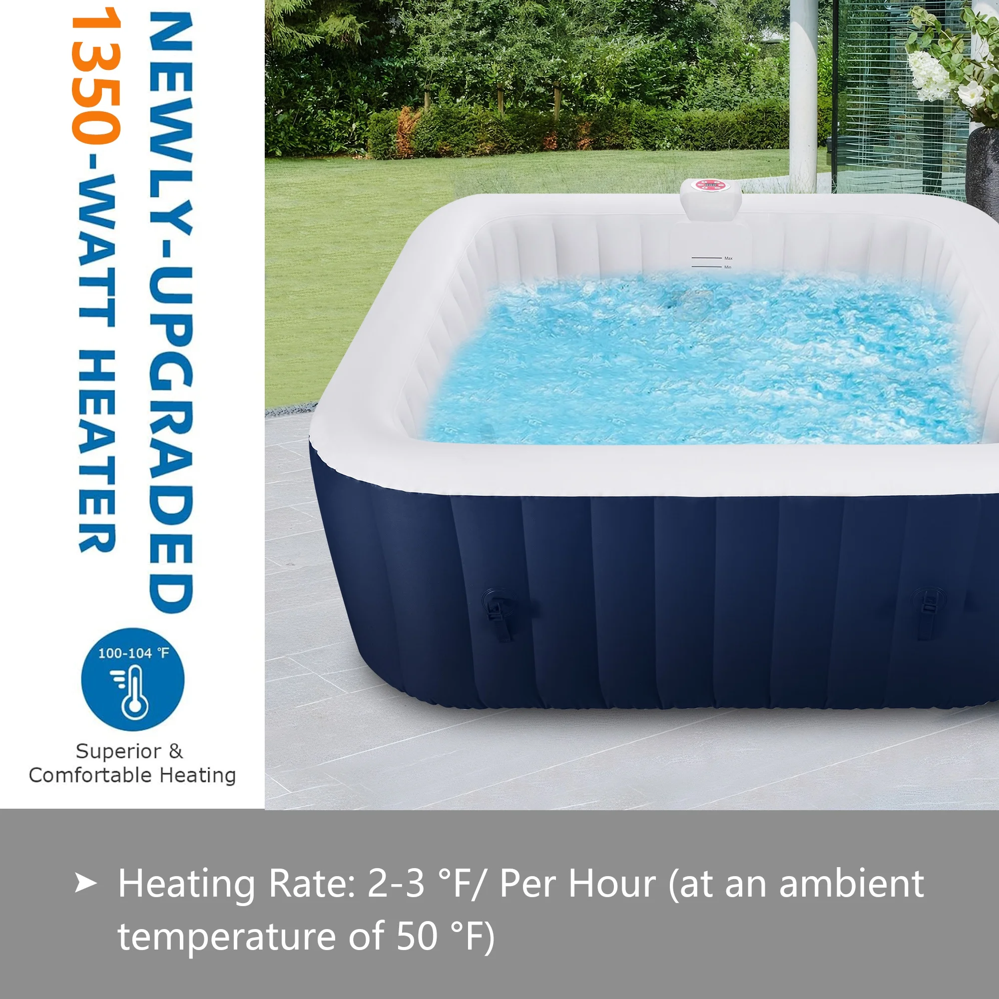 4-6 Person Outdoor Portable Inflatable Heated Hot Tub with 130 Bubble Jets, Square Inflatable Heated Pool Spa with Insulated Cover, Insulated Cover and Carry Bag, Blue(Blue) - Image 6