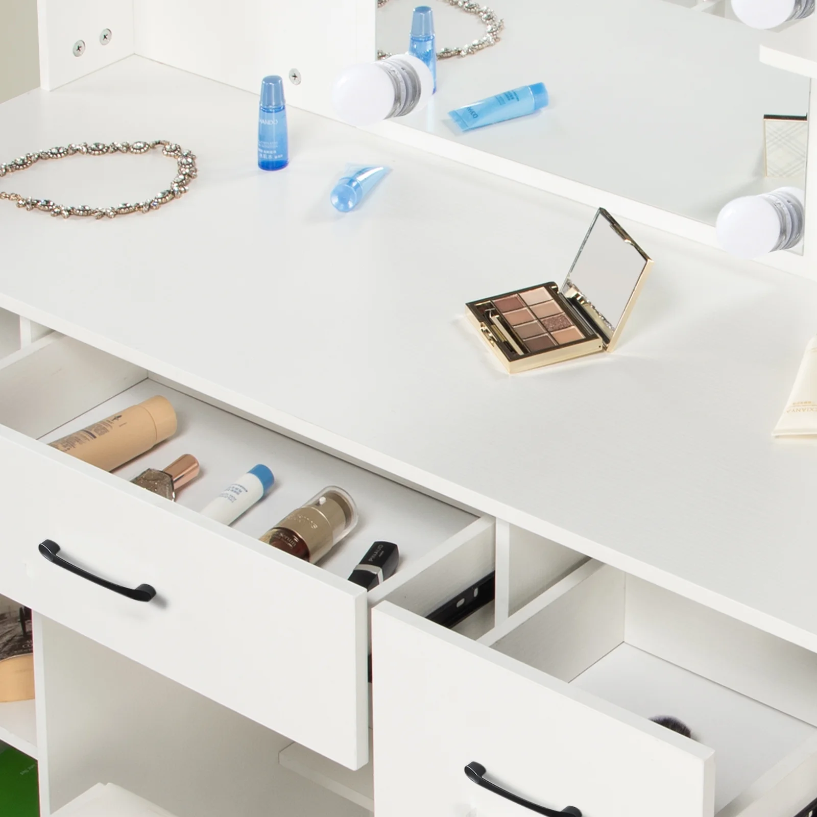 Makeup Vanity with 3 Color Lights, Vanity Desk with Sliding Mirror, Vanity Set Makeup Table, Storage Drawers and Shelves, White - Image 3