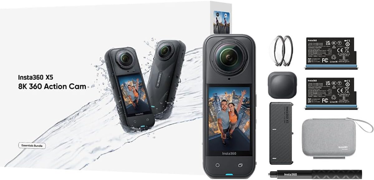 Insta360 X5 Essentials Bundle-8K Waterproof 360 Action Camera|Bundle Includes Selfie Stick  Extra Battery  Utility Fast Charge Case  Standard Lens Guards  Lens Cap  Carry Case