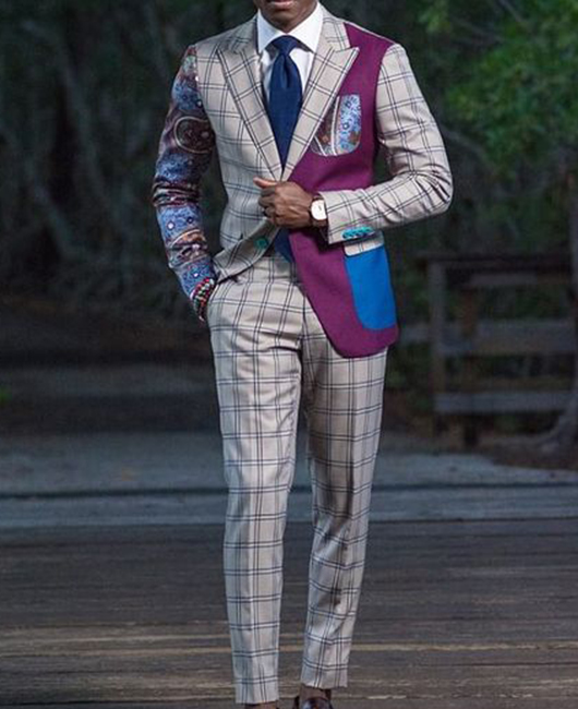 Ensemble 2 pièces : blazer à carreaux patchwork et pantalon droit
