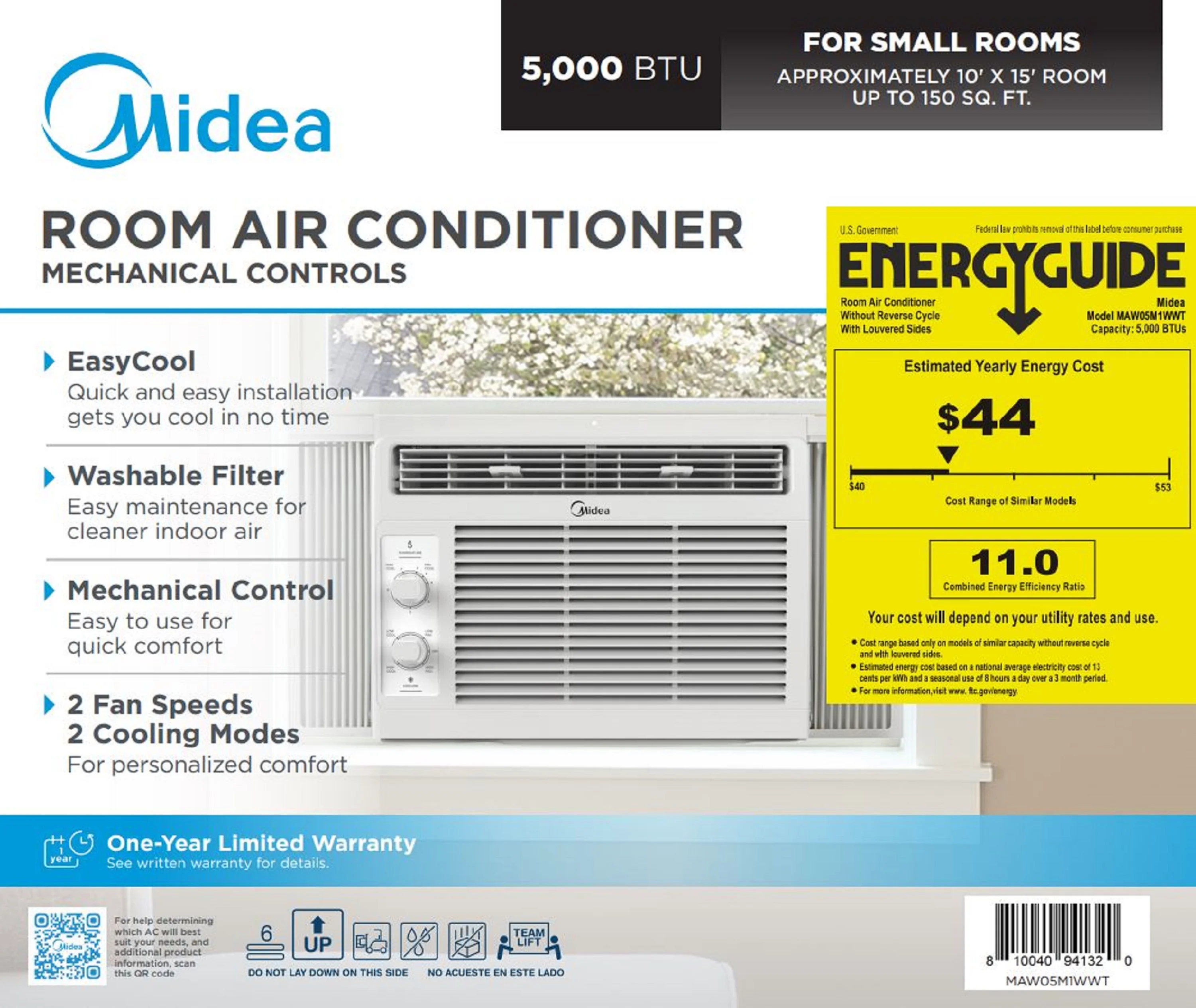 Midea 5, 000 BTU 150 Sq Ft Mechanical Window Air Conditioner, White, MAW05M1WWT, New