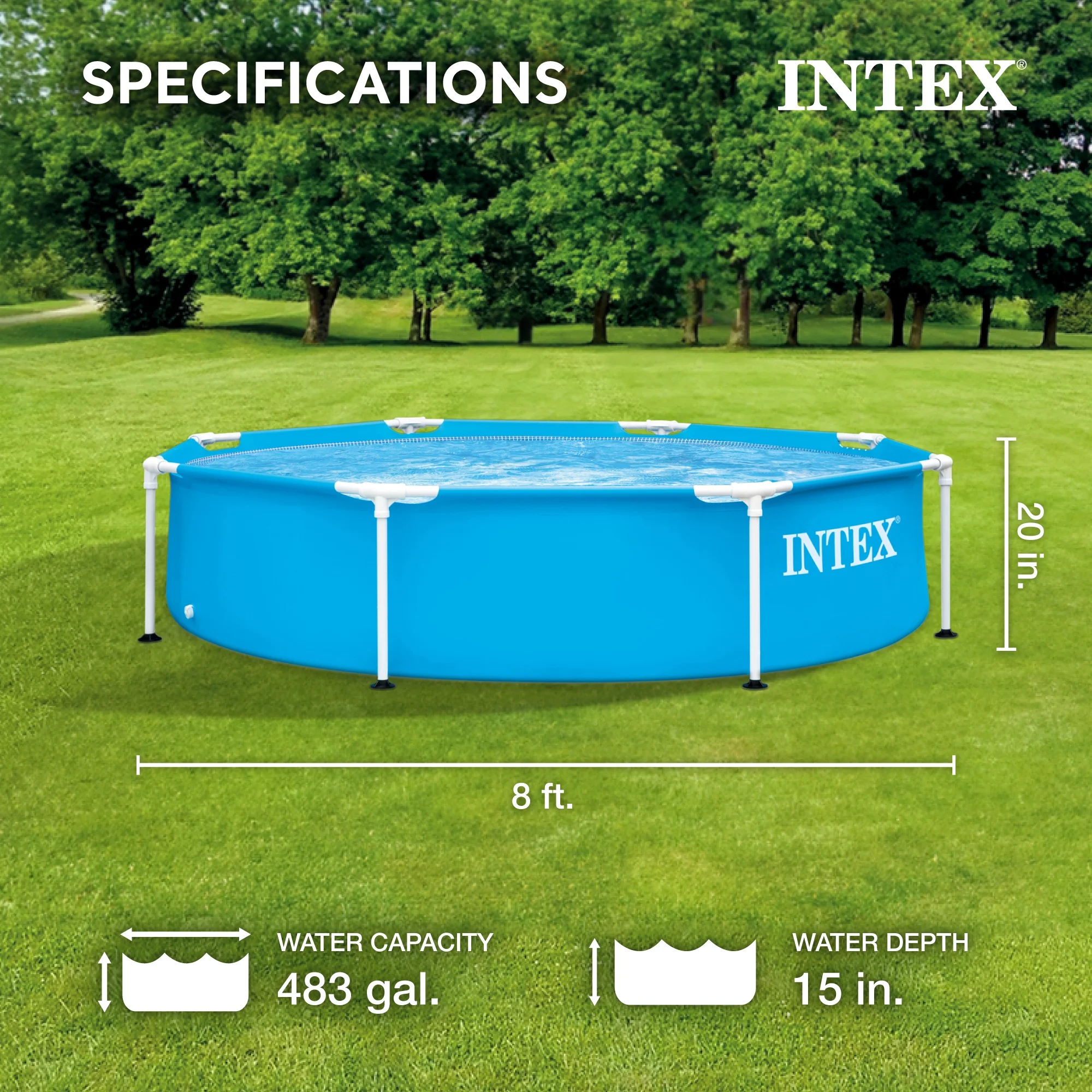 INTEX Round Metal Frame 8ft x 20in Above Ground Swimming Pool Set, Blue