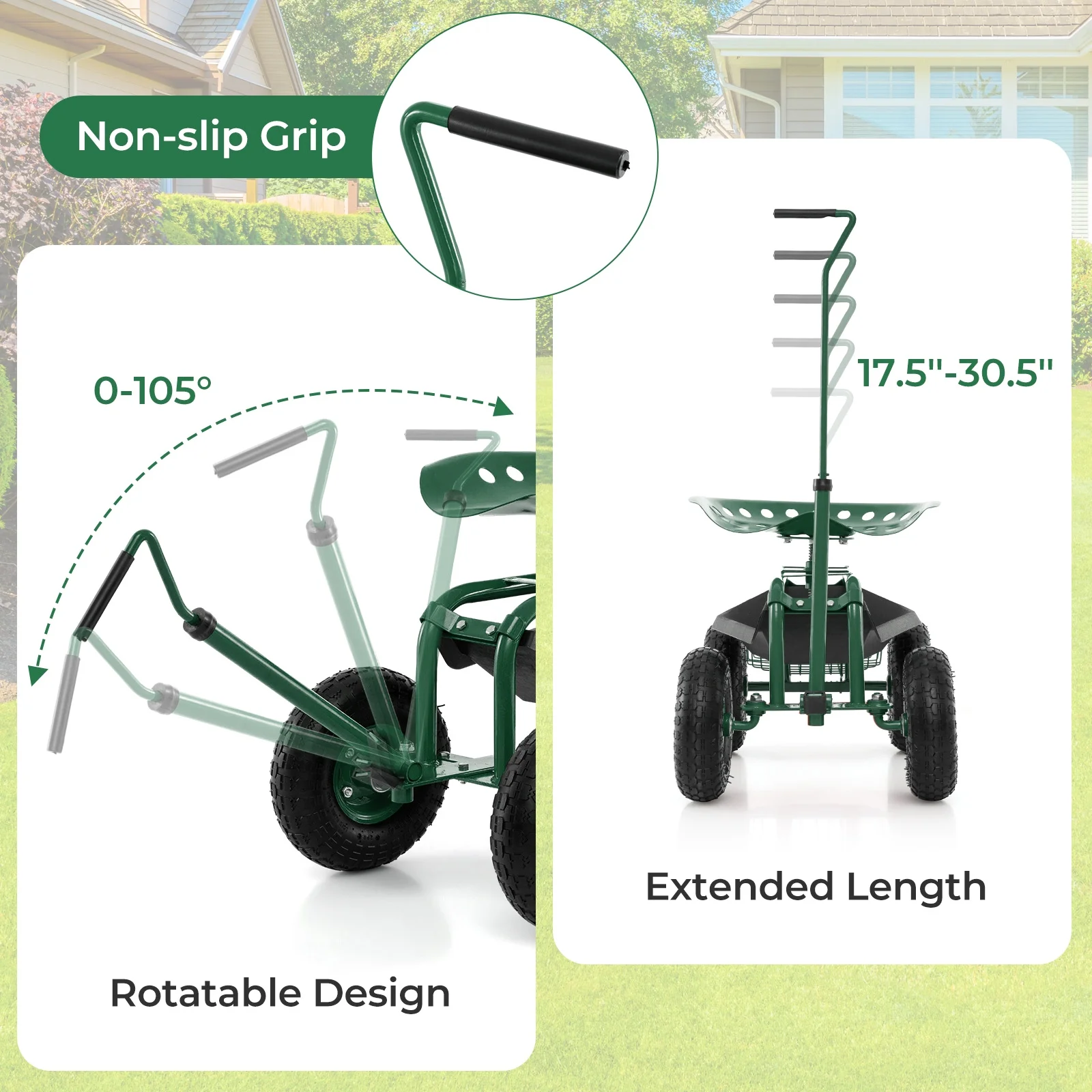 Garden Cart Rolling Work Seat for Planting with Extendable Handle Green(Green) - Image 9