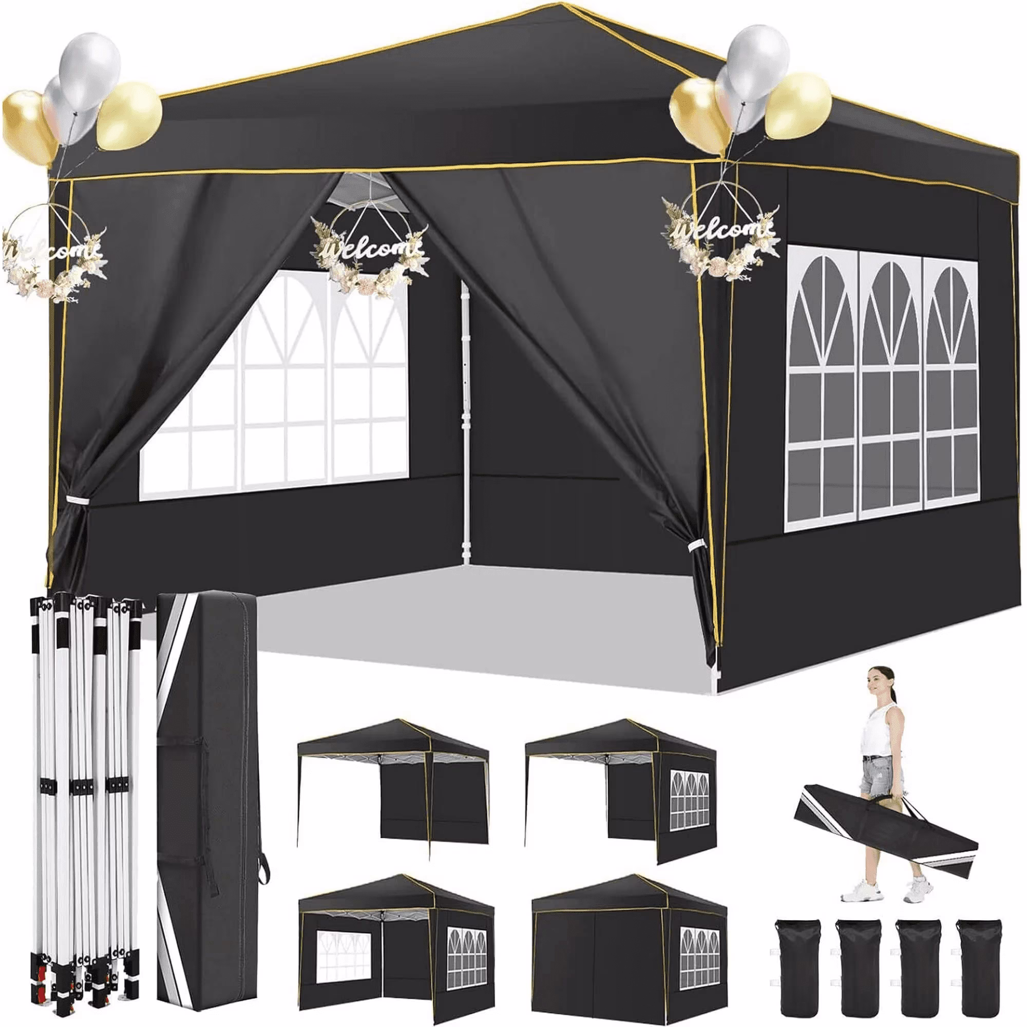 10x10 Pop up Canopy with Sidewalls,Waterproof Tent for Parties Wedding Event,Instant Outdoor Gazebos with Carry Bag,Stakes,Ropes Sandbags,Black(PVC Window/Black)