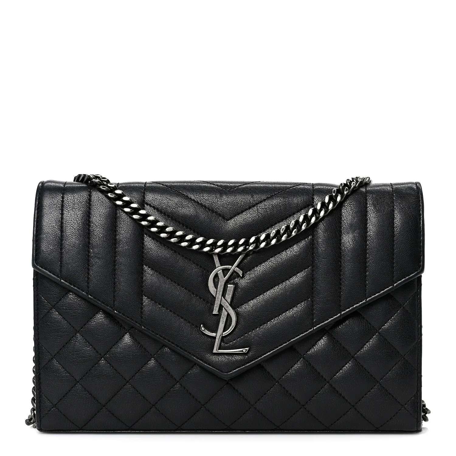 Sheepskin Tri-Quilt Monogram Envelope Chain Wallet Black