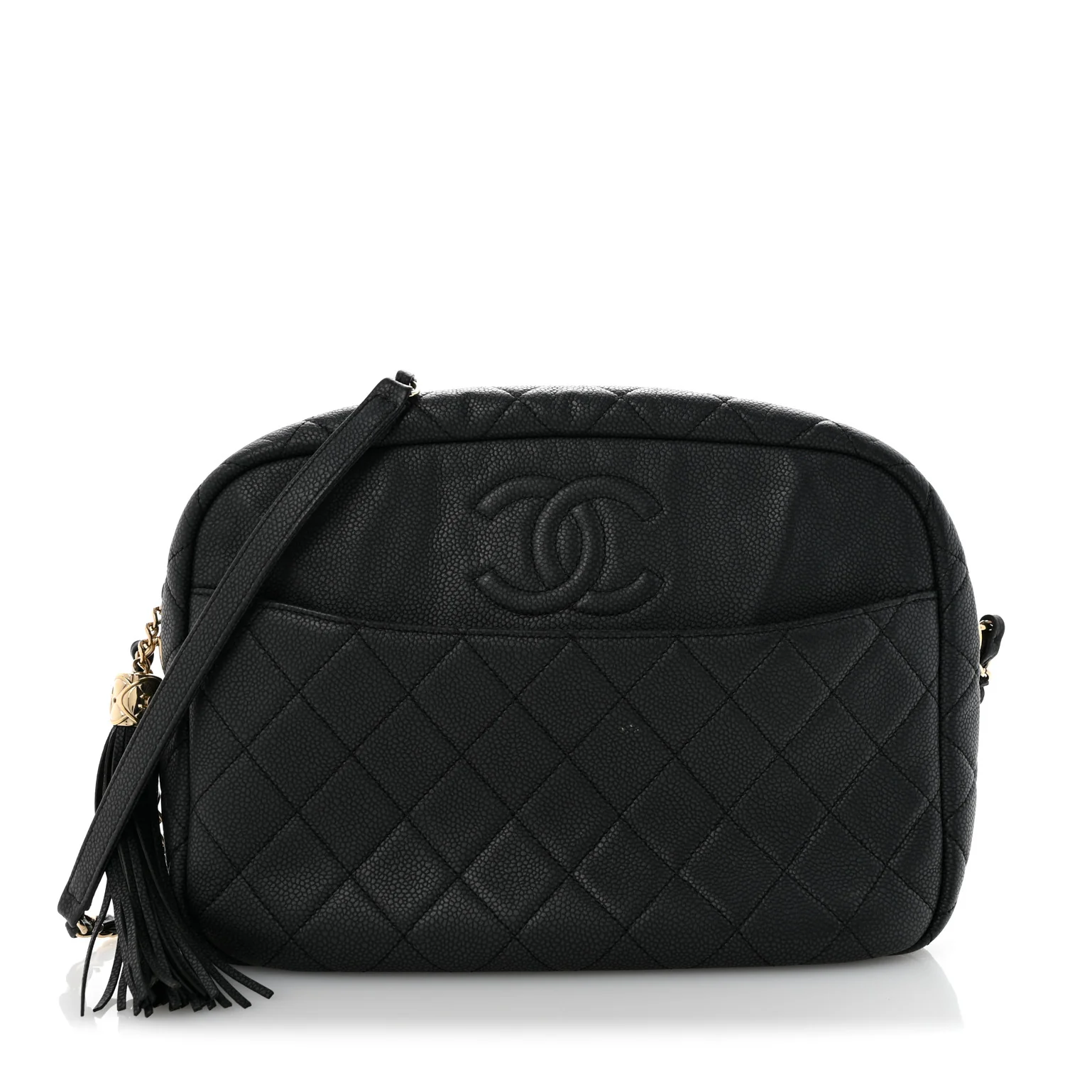 Caviar Quilted Large Coco Tassel Camera Case Black