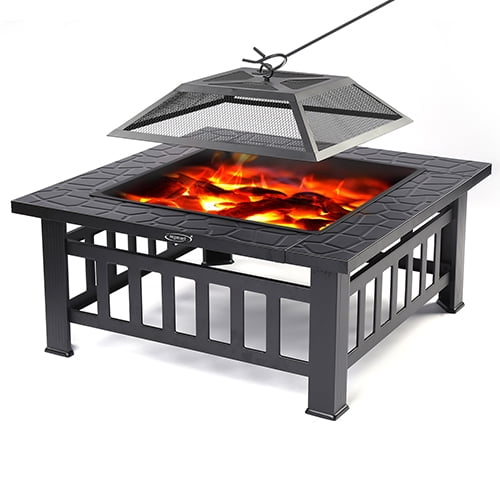 32 Square Fire Pit for Outside, Outdoor Wood Burning Metal Fire Pit with Spark Screen & Poker, Multifunctional Heater/Grill/Ice Pit for Backyard Patio Garden BBQ Grill, Black, S7039