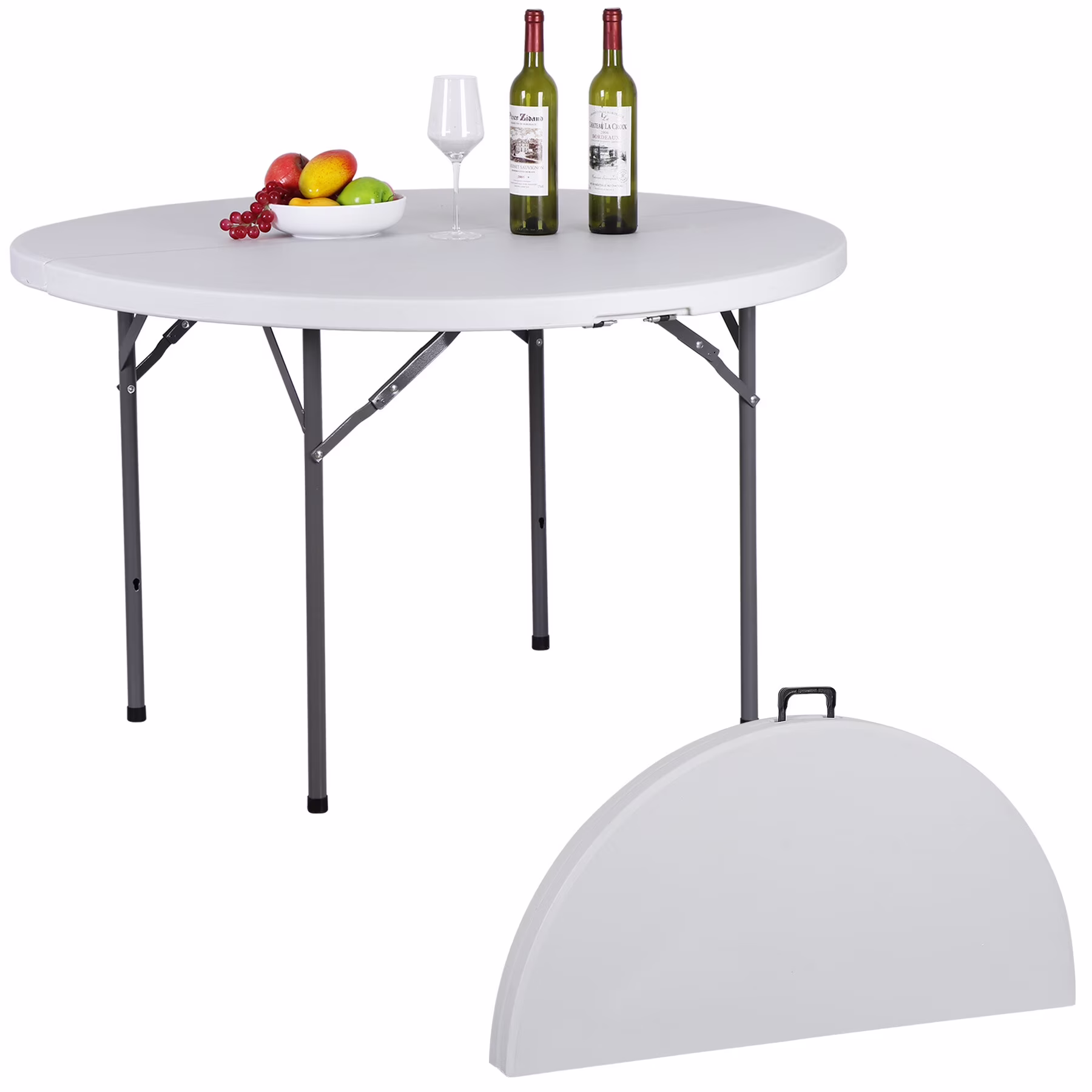 48" Round Bi-Folding Plastic Table Metal Legs Portable Dining Table with Handle Indoor Outdoor, White