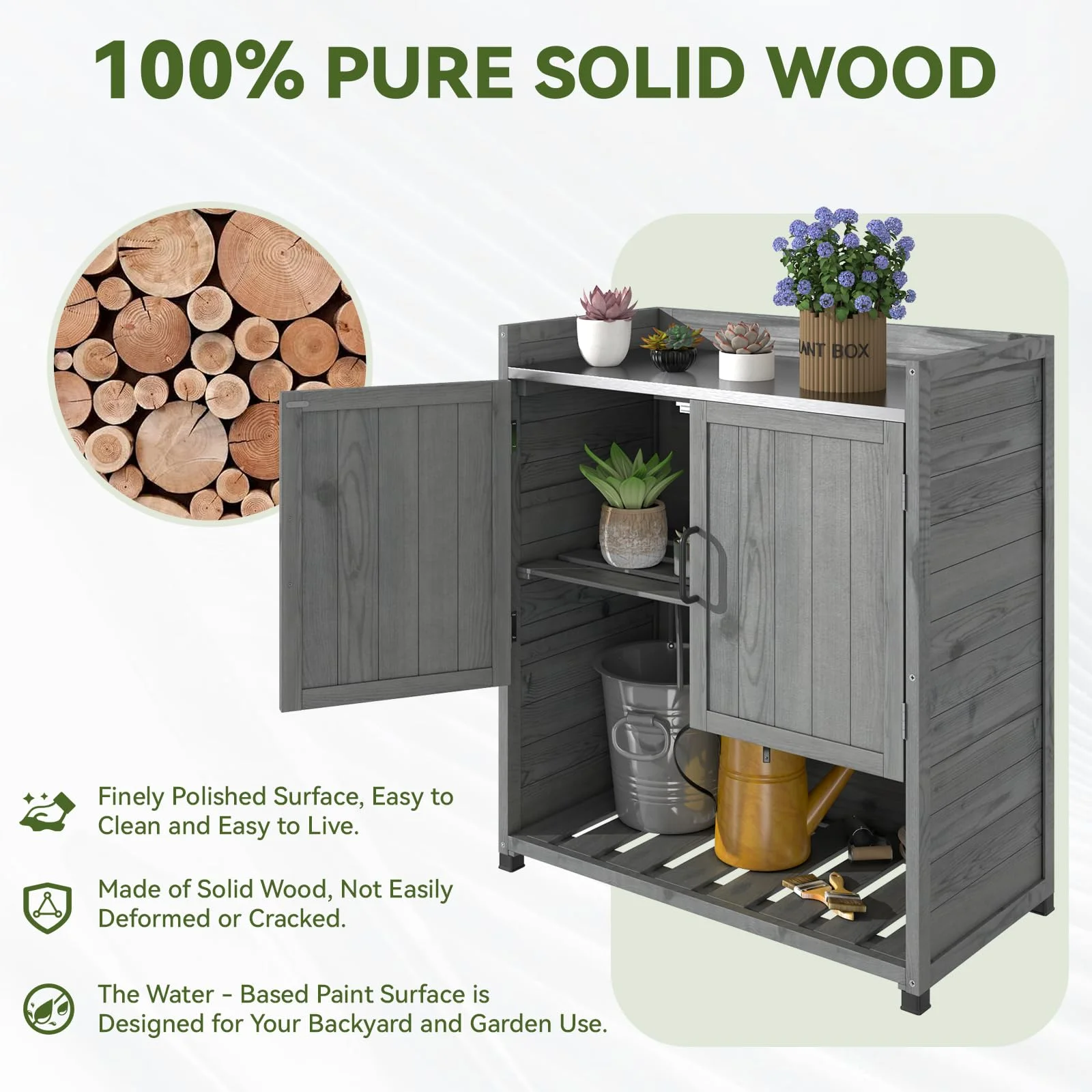 Potting Bench, Wooden Outdoor Storage Cabinet with Adjustable Shelf, Patio Storage with Metal Tabletop, Potting Table for Garden, Patio and Lawns, Gray(Gray) - Image 6