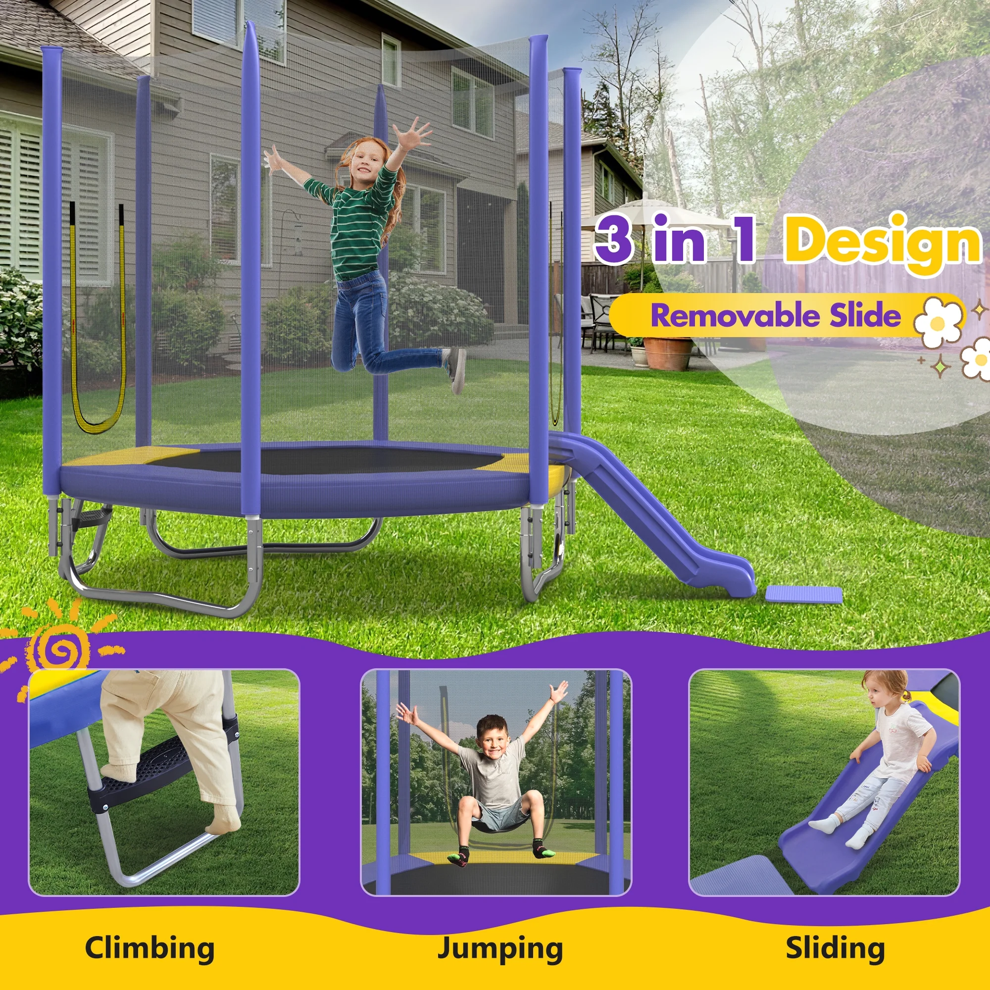 7FT Trampoline with Removable Slide, Kids Indoor Outdoor Trampoline with Enclosure Net and Ladder, Pink(Pink) Image 10