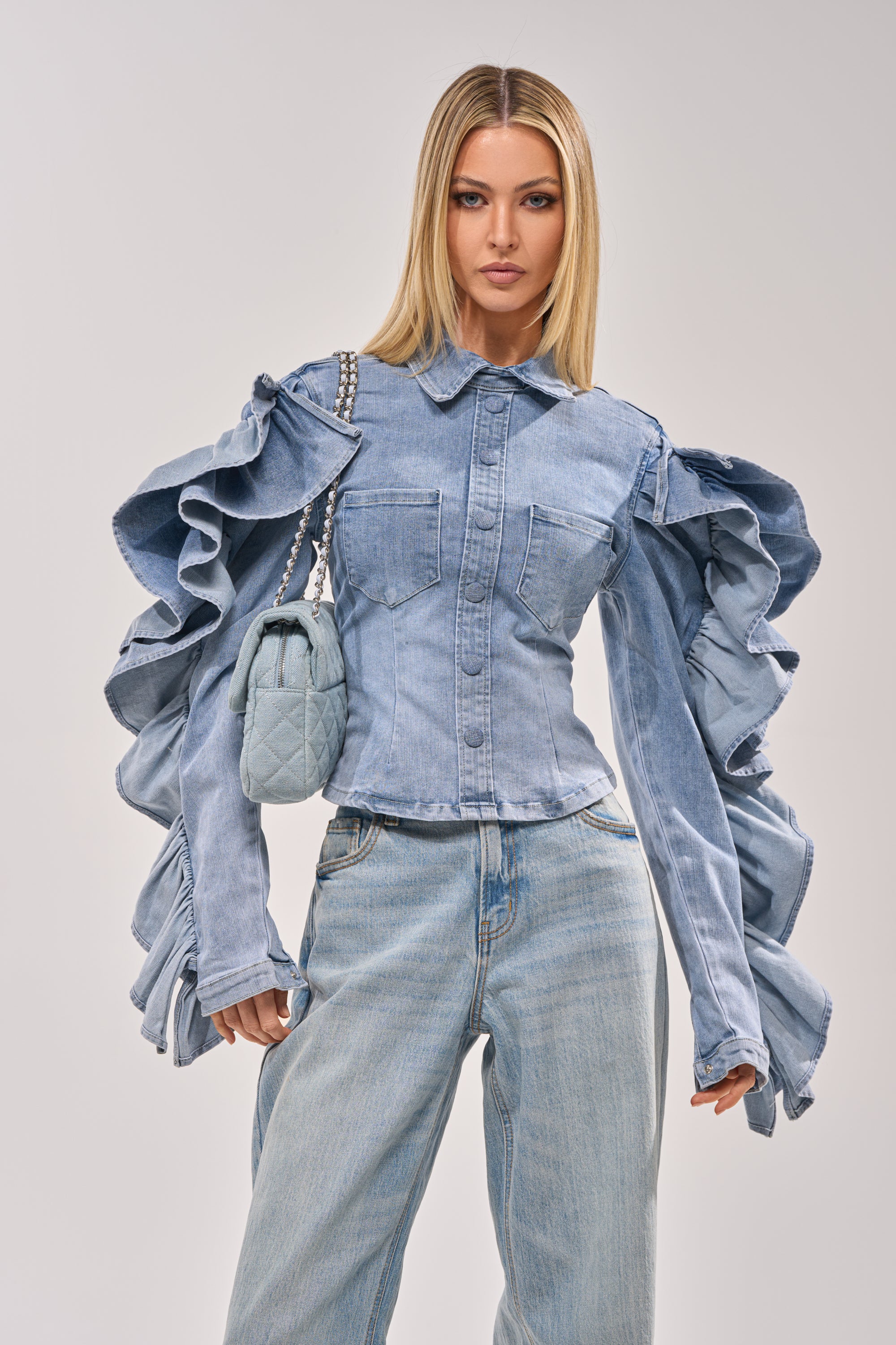 DREA RUFFLE SLEEVE DENIM BUTTON DOWN - Akira Store