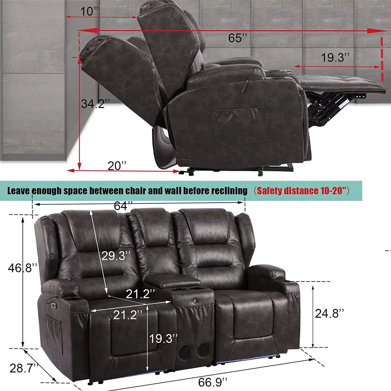 Electric Home Theater Seating- Power Recline Chair Loveseat RV Sofa with Console, 67" Double Recliner 2-Seater RV Couch with Storage/USB Charging/Lighting/Cup Holders for Living Room(Black) - Image 4