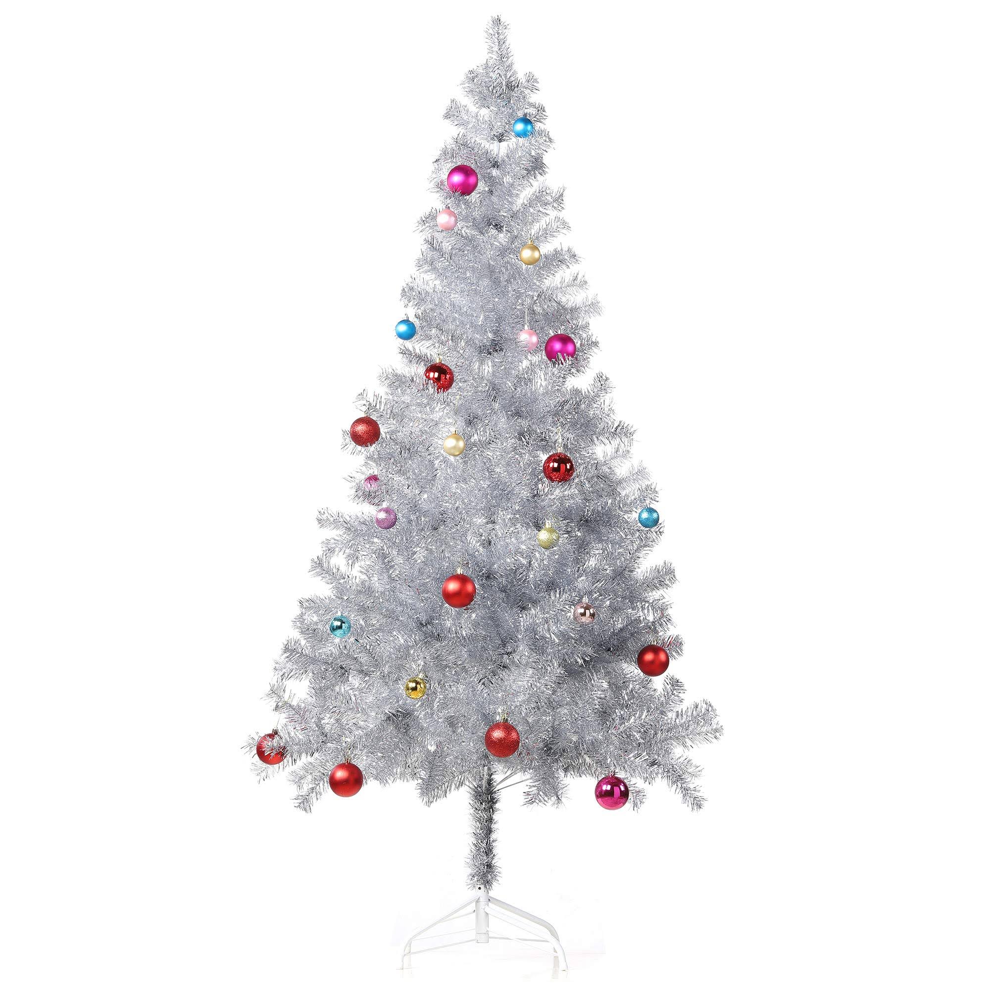 Wellwood 6 ft Silver Tinsel Christmas Tree with 24ct Assorted Ornament Set and Metal Stand Easy Assembly