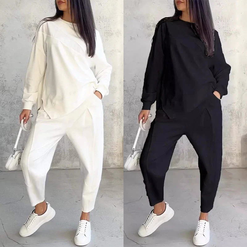 💕Conjunto de sudadera de manga larga con bajo irregular y pantalones para mujer