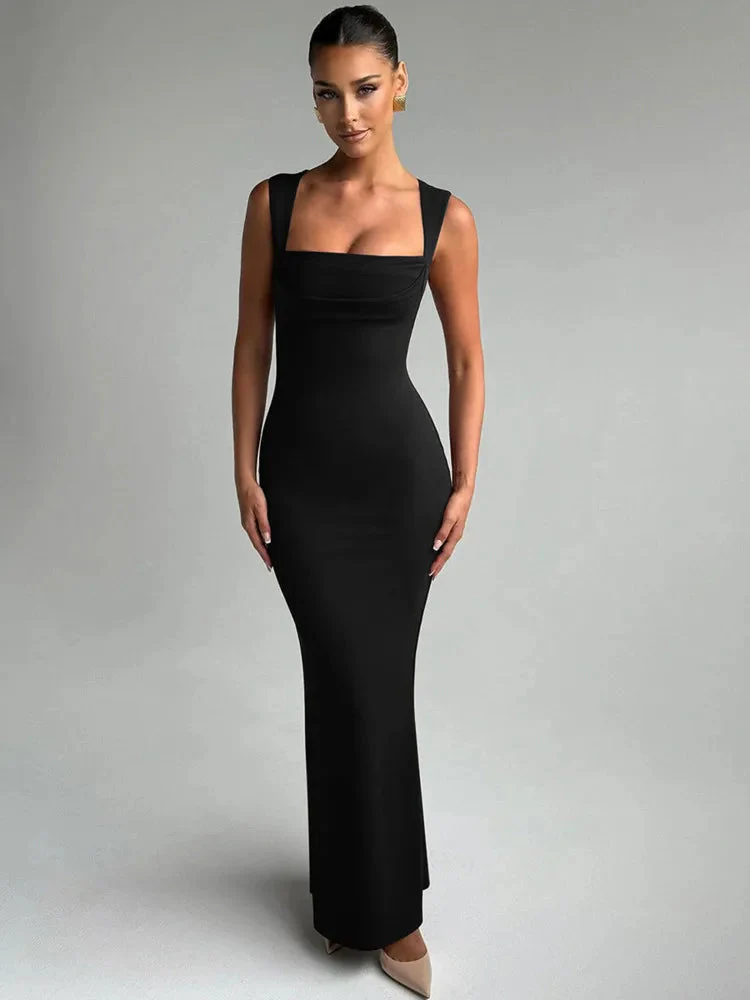 Robe Maxi Moulante Col Carré Robe de Soirée Sculptante