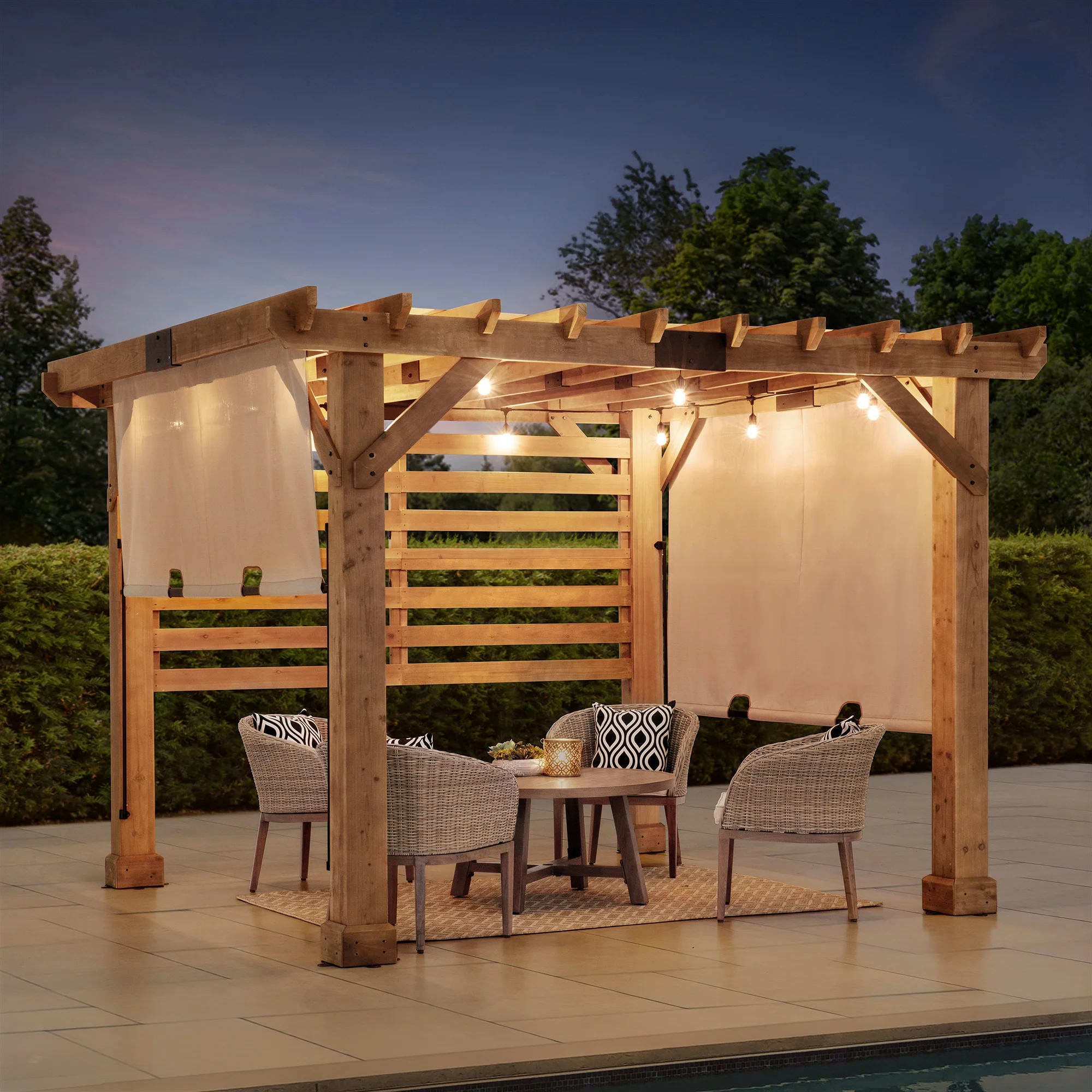 Sunjoy Cedar Pergola 10 x 11 Ft. Wooden Hot Tub Pergola with Adjustable Canopy and Privacy Screen