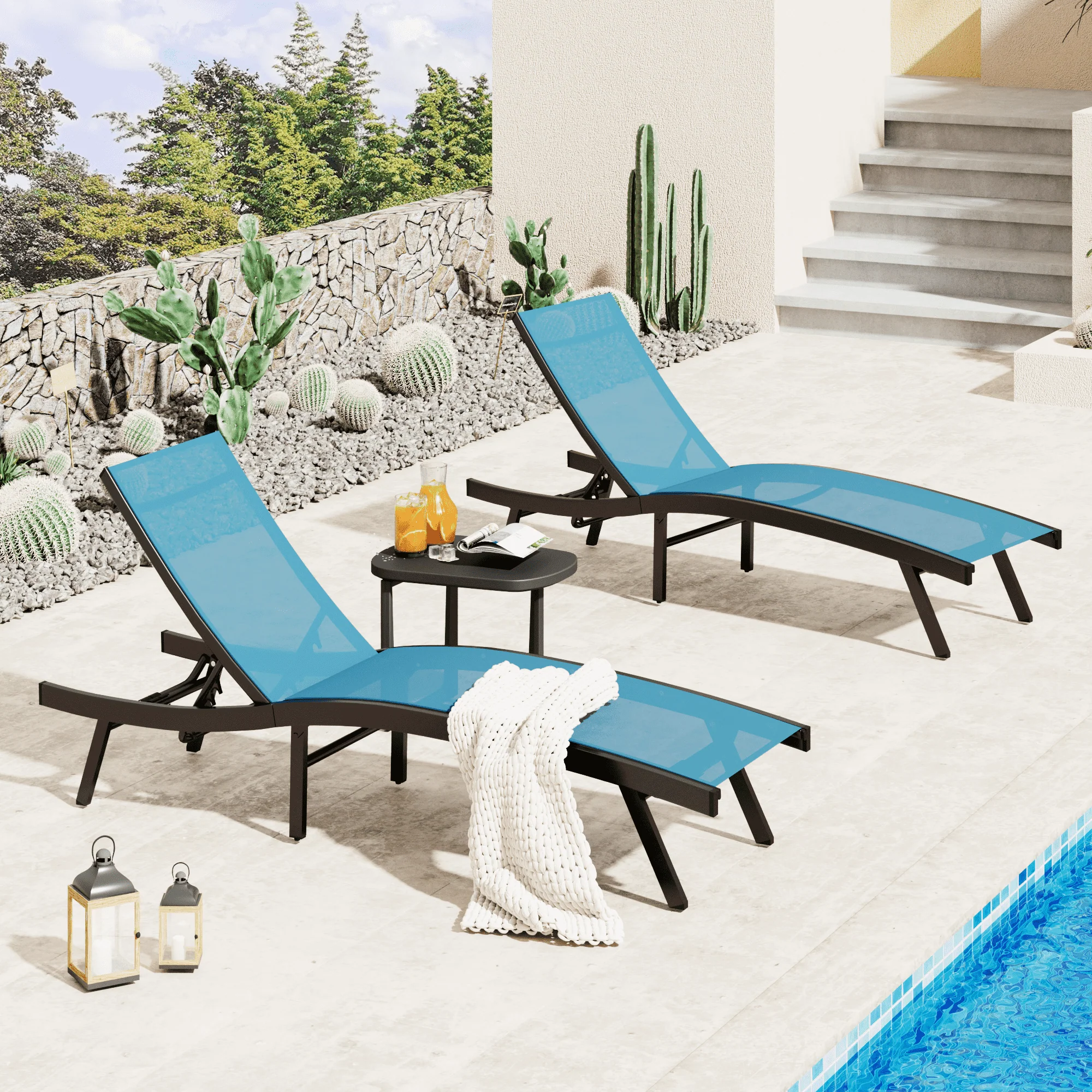 AECOJOY Outdoor Chaise Lounge, All Weather Pool Lounge Chairs Ergonomic Design (Blue, 2 PCs)