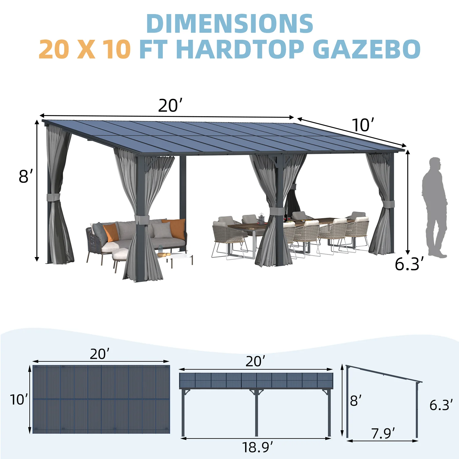 AECOJOY 20'x10' Wall Gazebo with Curtains and Mosquito Netting, Gray